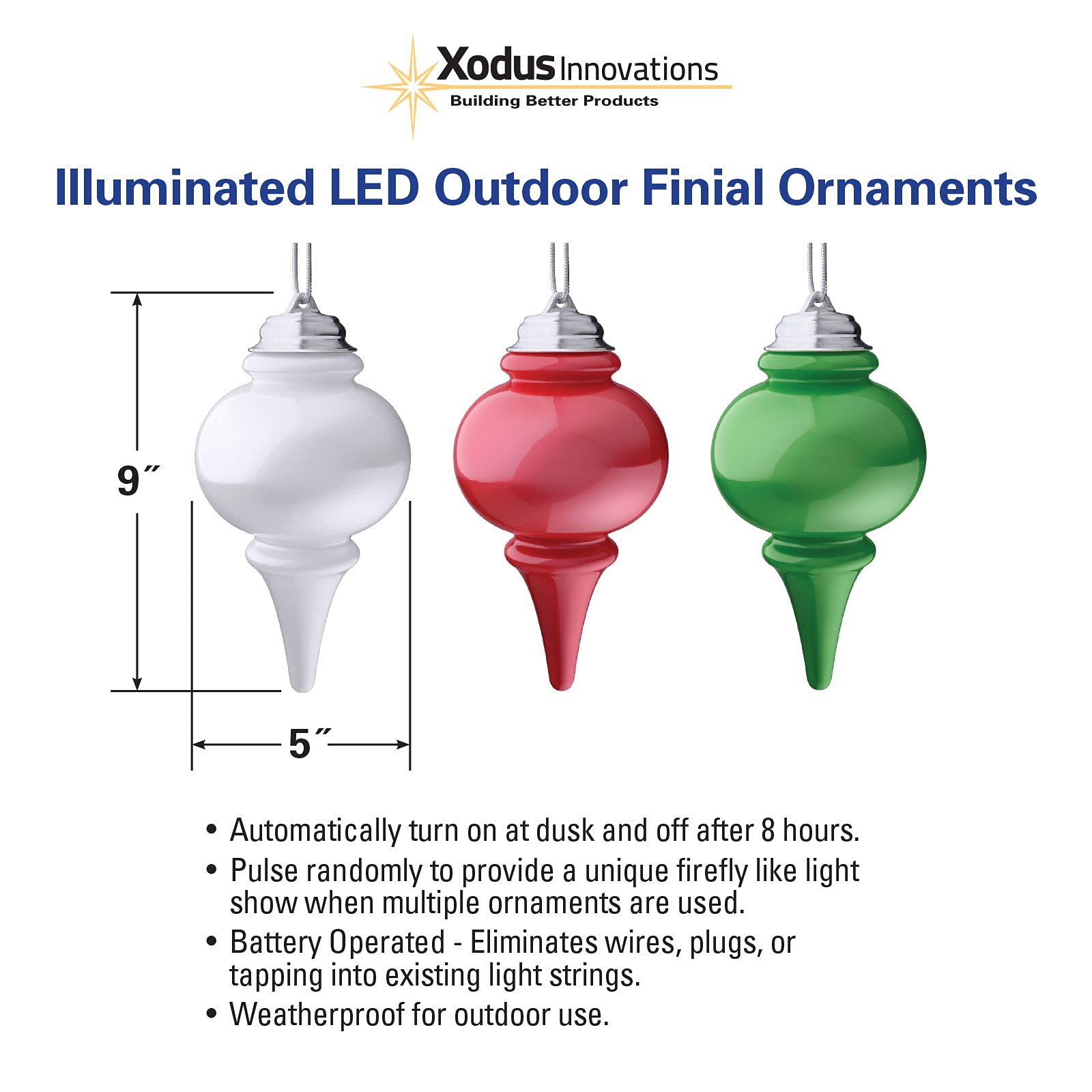 Xodus Innovations Wp600-3 Battery Powered 8 Inch Led Finial Ornaments, Pulsing Action, Dusk Sensor (Pack Of 3) White