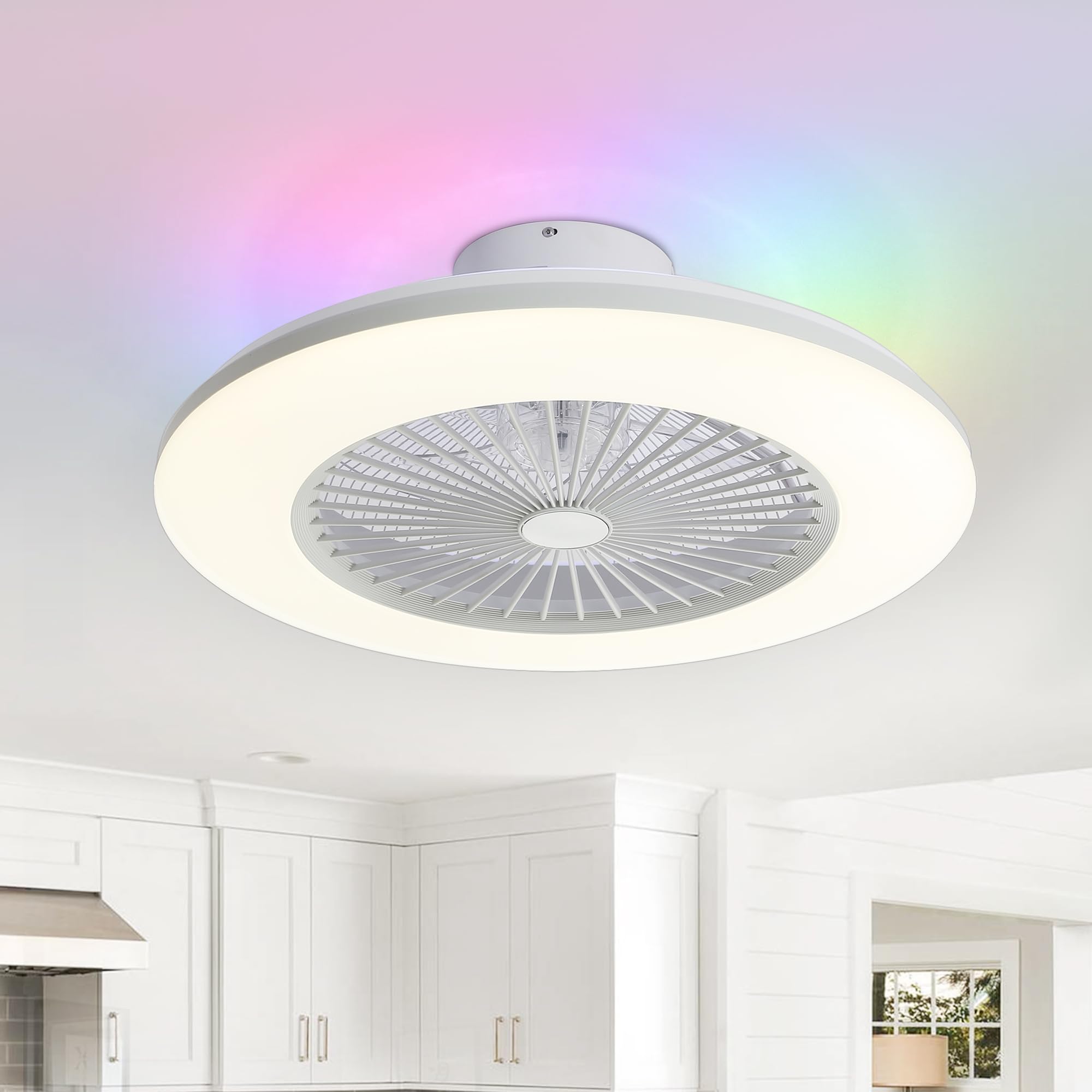 Breezary RGB Ceiling Fan with Light  22  Low Profile Smart Ceiling Fan Fandelier Voice/App Control  Modern Flush Mount Enclosed Chandelier for Bedroom Living Room  White-New