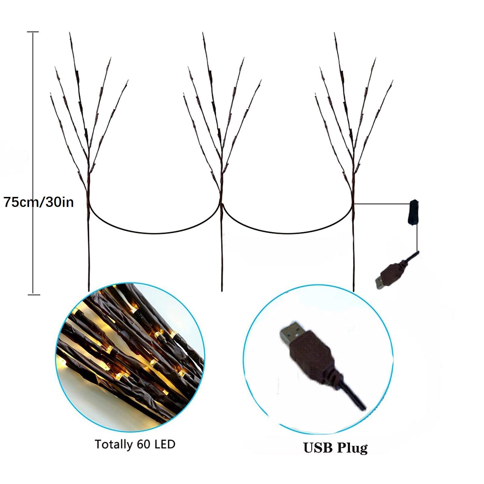 Lxcom Lighting Led Branch Lights 3 Pack - 60 Warm White Twig Lights For Party & Wedding Decor