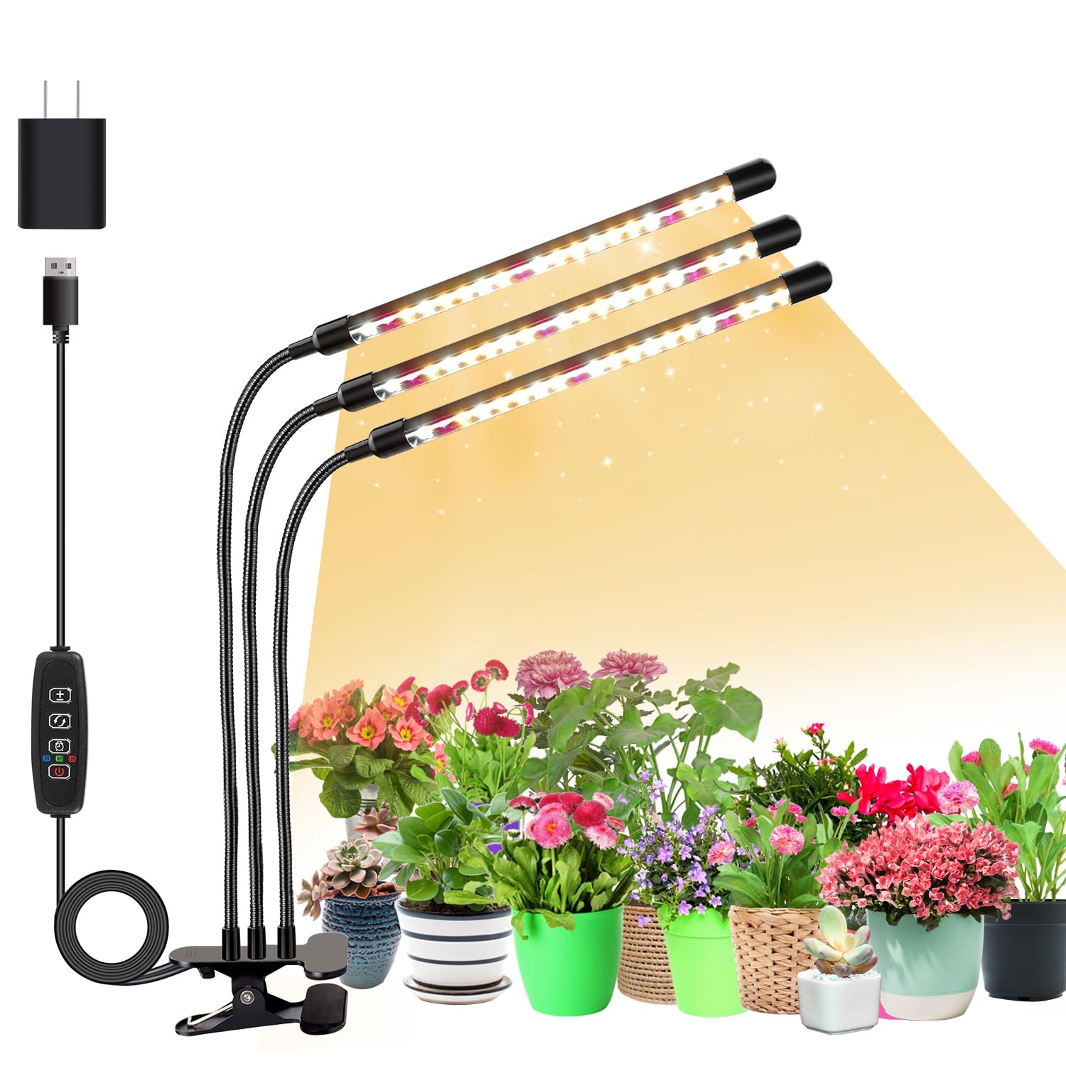 SDOVUERC LED Grow Light with Clip, Full Spectrum, 2 Pack (3 Heads), Aluminum, One & Two Head, Model TL-8WRG