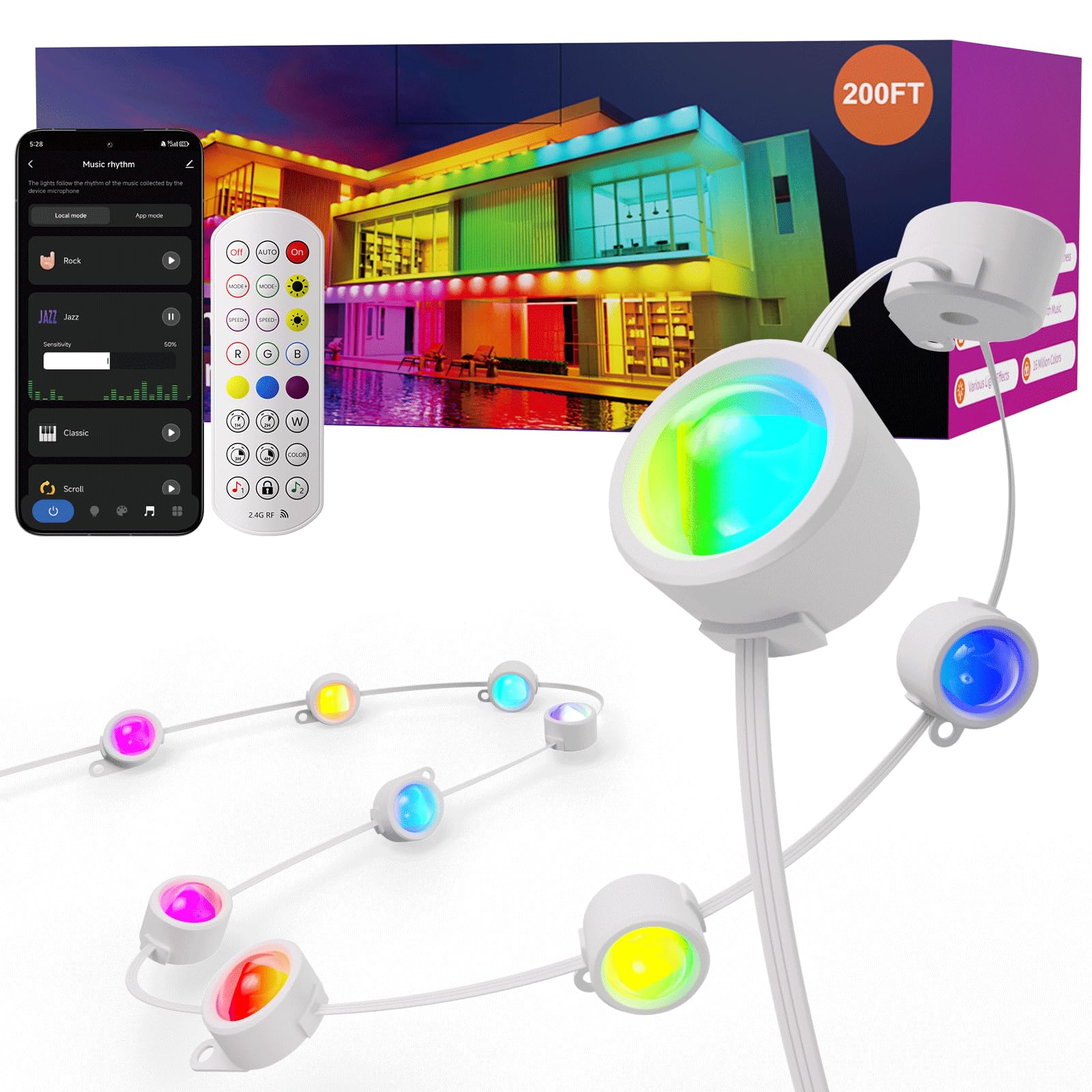 Fitop RGB Smart LED Eaves Lights, 200FT, IP67 Waterproof, Multicolor, Model C5109, App/Remote Control, Music Sync