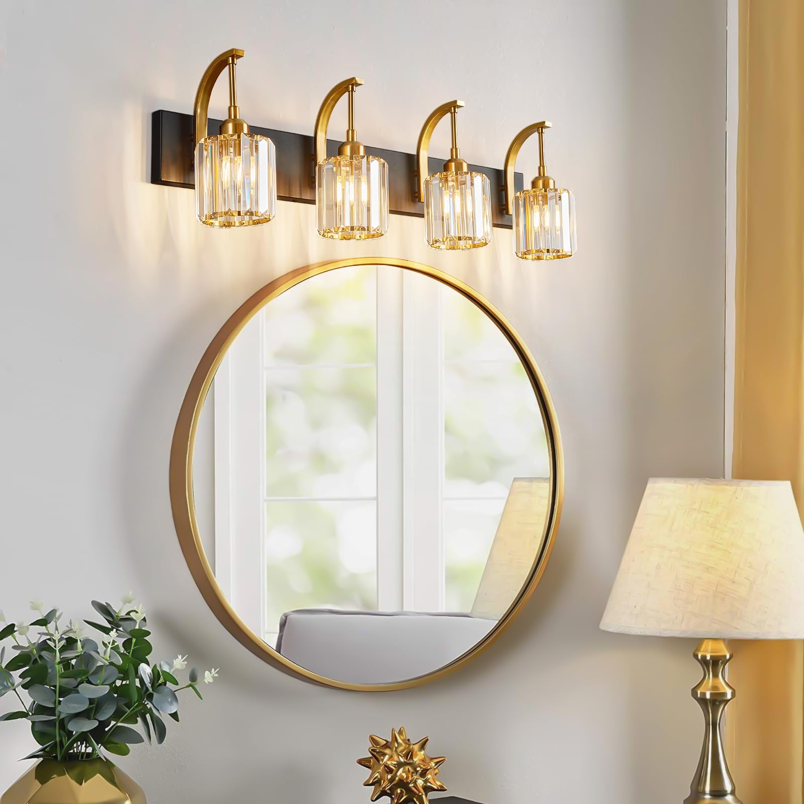 Fdpby 4-Light Crystal Vanity Light  Modern Black Gold Bathroom Wall Sconce With K9 Crystal Shades  32.67 Long Over Mirror Lighting For Vanity  Makeup  Hallway  Elegant & Easy Install