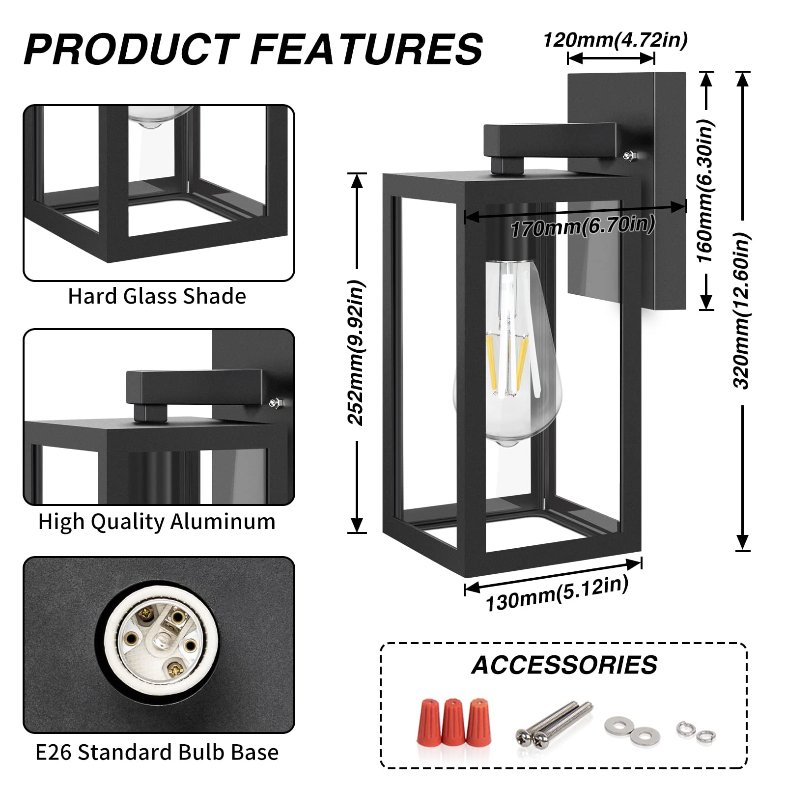 Huadeec Outdoor Wall Lantern,Exterior Waterproof Wall Sconce Light Fixture With E26 Base Socket,Anti-Rust Matte Black Finish And Clear Glass Shade Wall Lamp For Porch, Pack Of 2