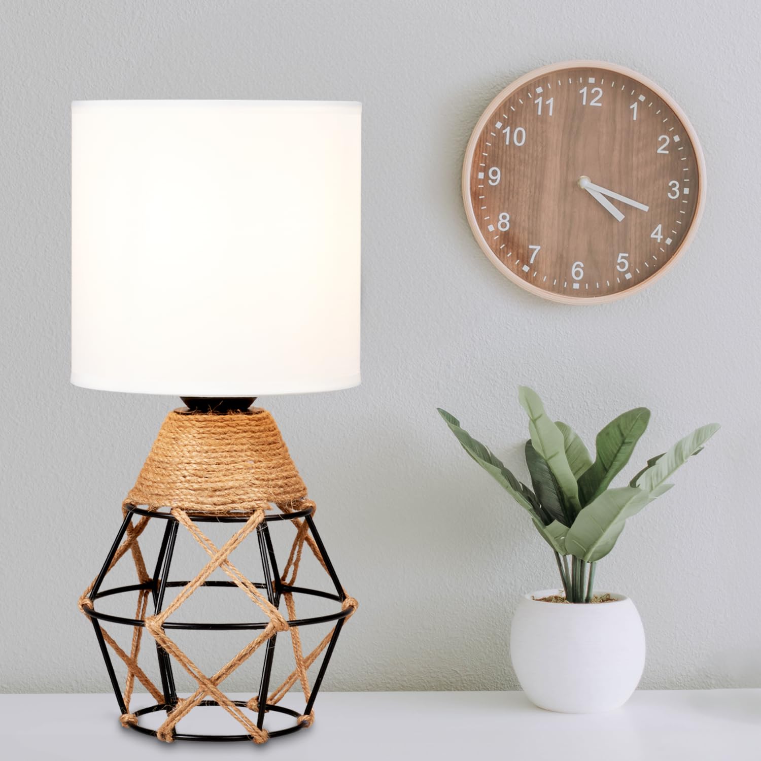 Hamilyeah Boho Lamp, Woven Table Lamp For Nightstand With On/Off Switch, Bedroom Lamp With White Fabric Shade, Simple Lamp For B