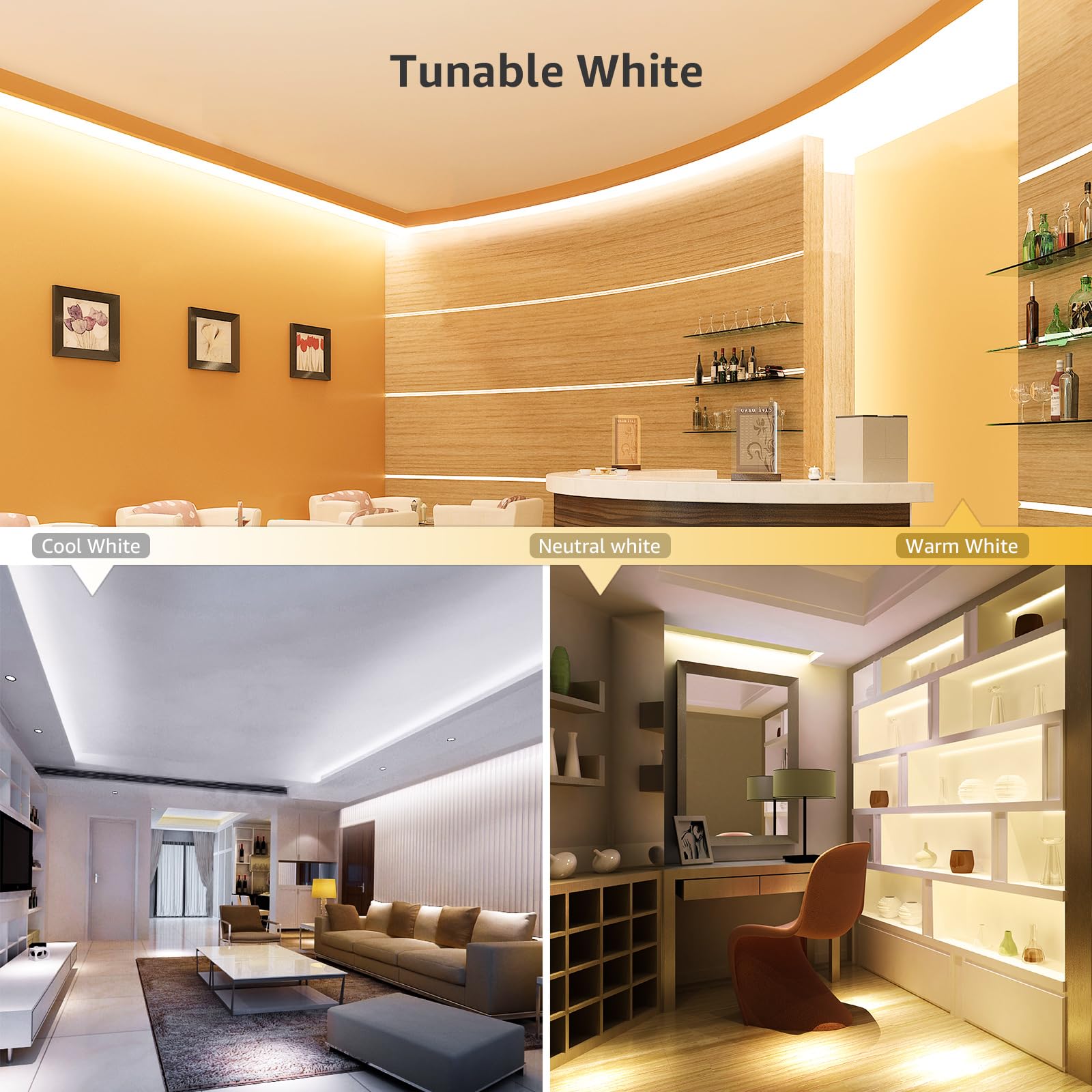 Lepro LED Strip Light, 32.8ft Dimmable Tunable White 3000K-6000K, 600 LEDs, Plastic, White, Model PR410098-DWW-US