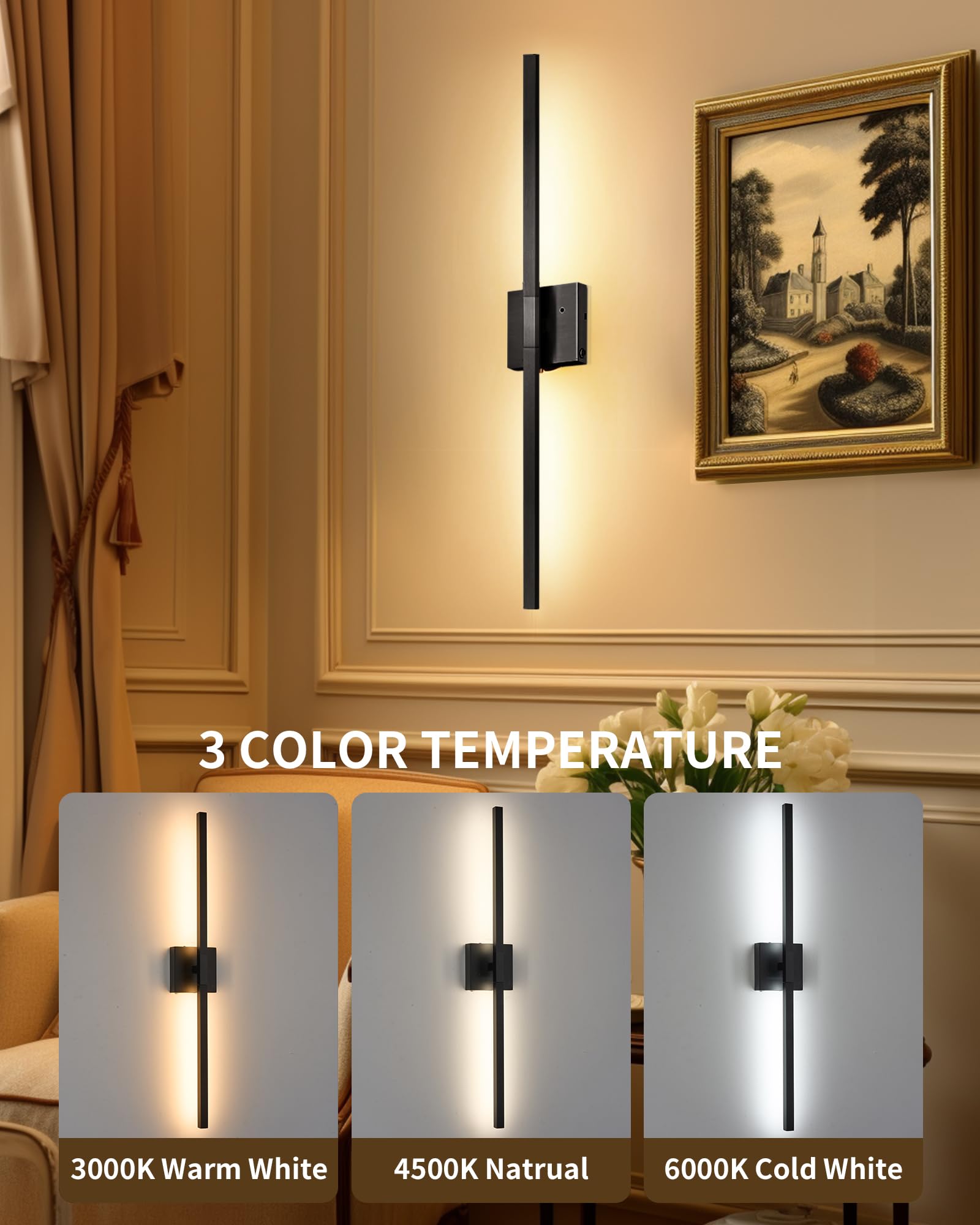 Rayogale 8000mAh Dimmable Wall Sconce Set of 2, 24 Inch Black LED Lights with Remote Control & Timer Function