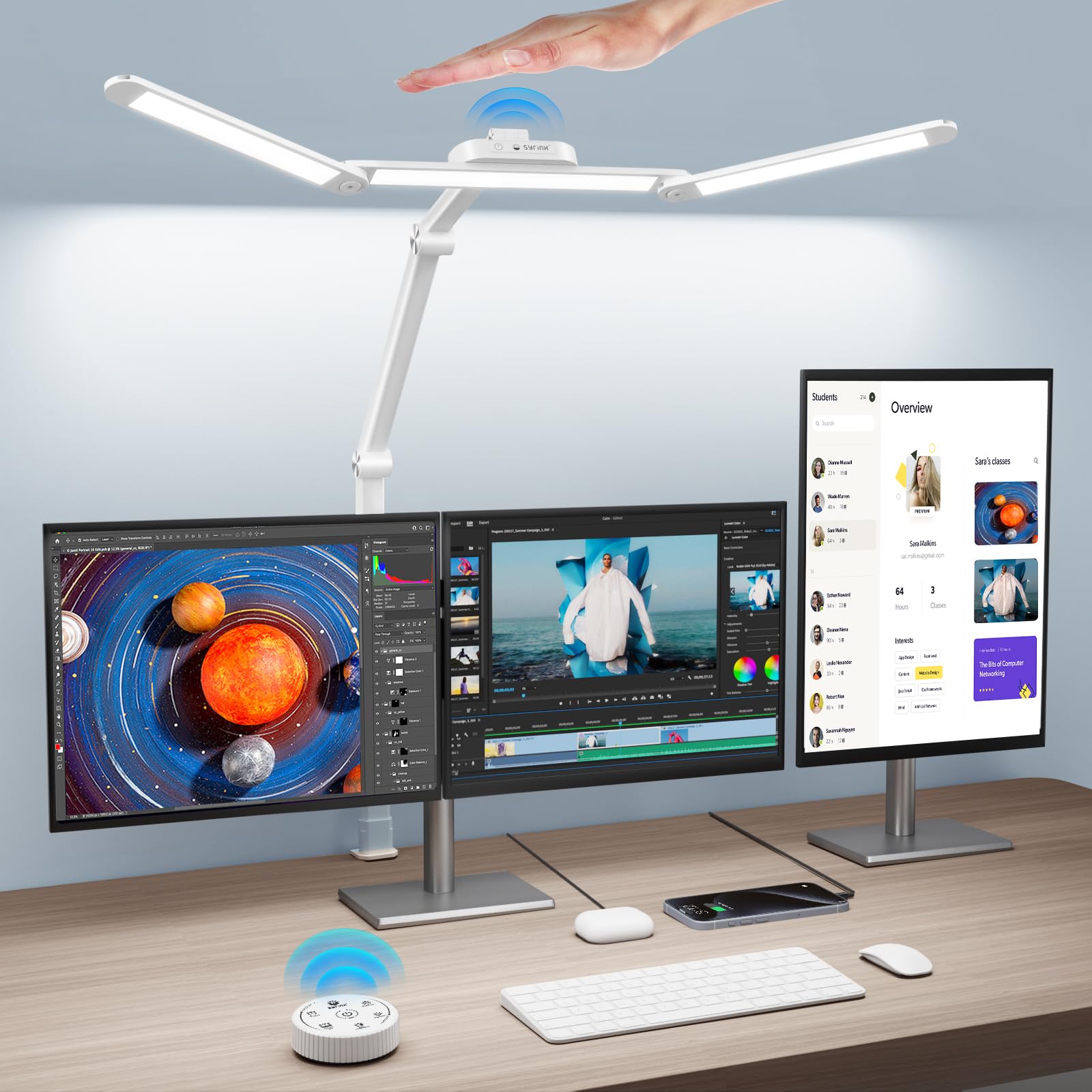 Syrinx Desk Lamp, 24W LED with Gesture Sensor Switch, Remote Control, White Pro, Model LDL023W, Clamp for Tables Up to 2.95 inches Thick