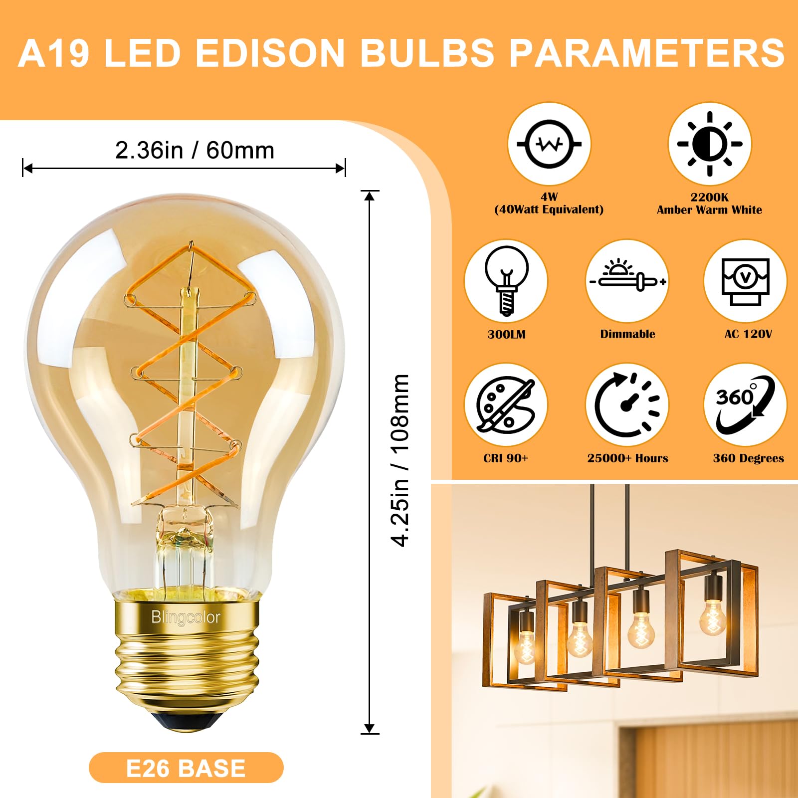 Blingcolor A19 Vintage Led Edison Bulbs 40 Watt, Dimmable E26 Led Edison Warm Light Bulbs 2200K, 4W Equal 40 Watt Incandescent B