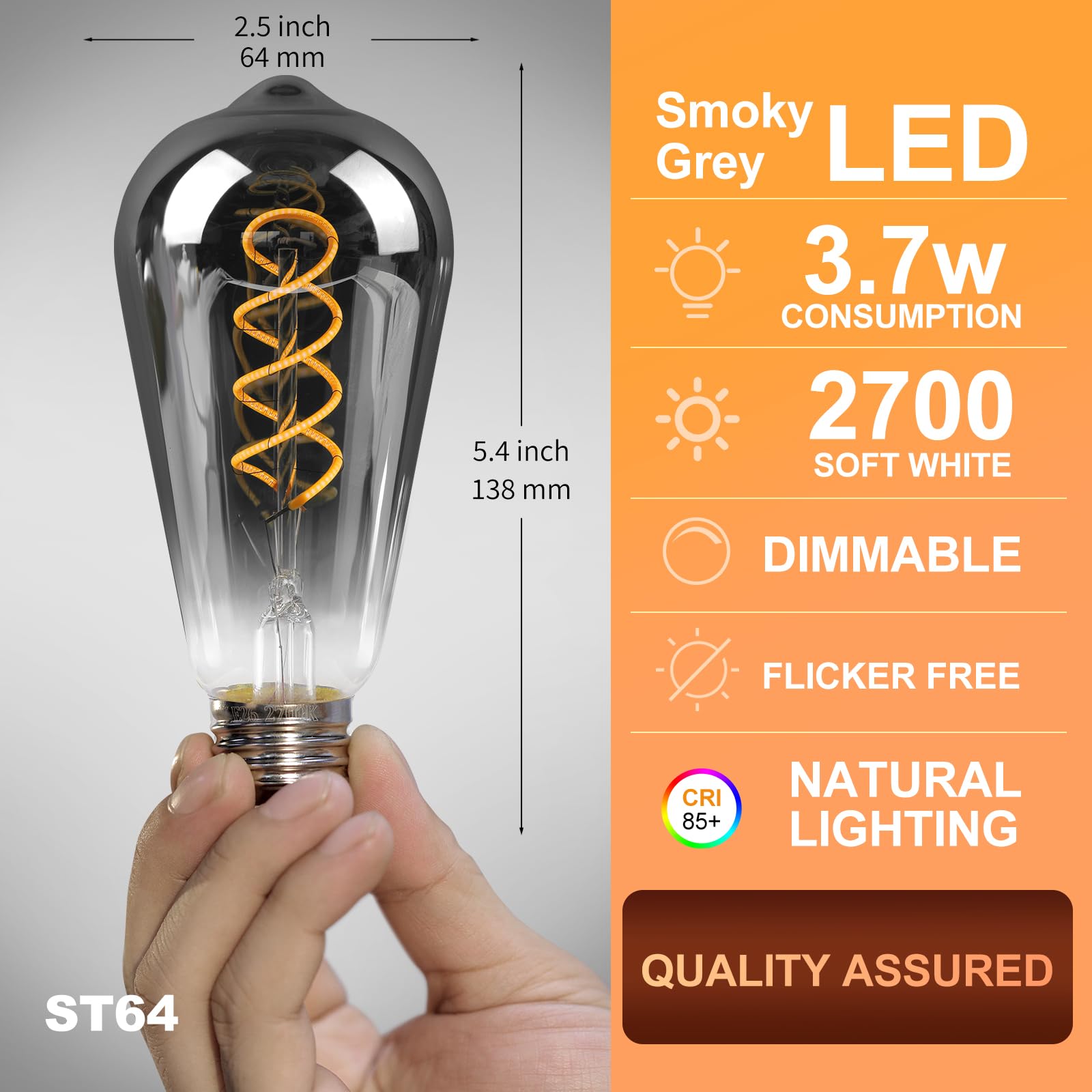 Decoaui E26 St64 Vintage Edison Light Bulbs, Smoky Grey Coated Glass, Dimmable, 4W(20W Equivalent) 200 Lumin, 2700K Soft White,