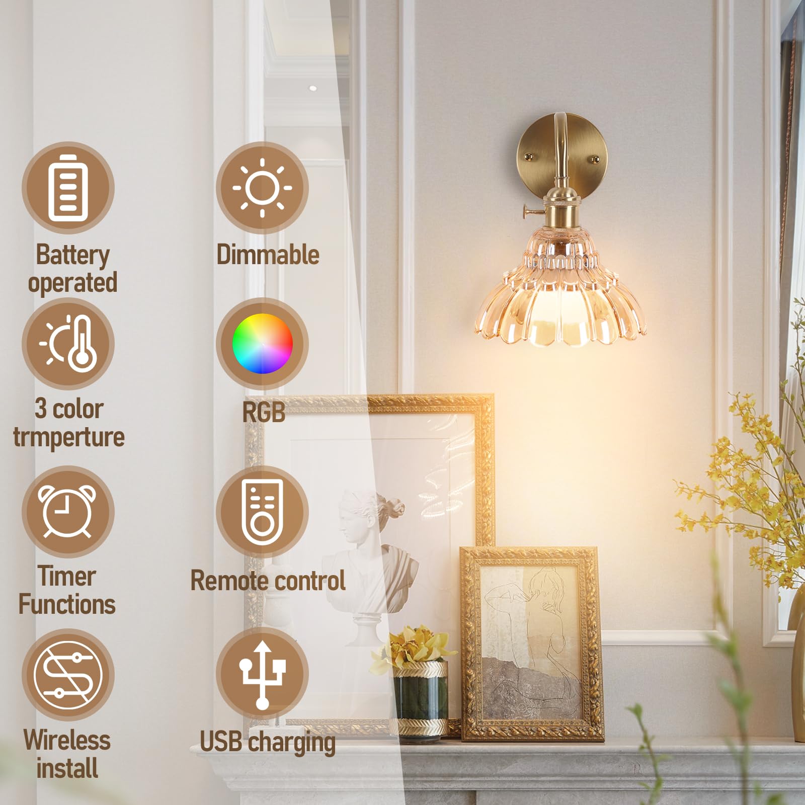 EIDEARAY Vintage Battery Operated Wall Sconces, Rechargeable RGB Lamps, Dimmable Remote Control, Flower Amber, Set of Two, Model YLC-BRO3TB