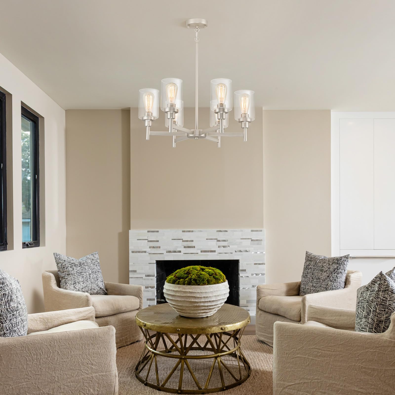 Lightdamy Brushed Nickel Chandeliers For Dining Room Light Fixture Over Table, 6 Lights Farmhouse Chandeliers With Clear Glass S