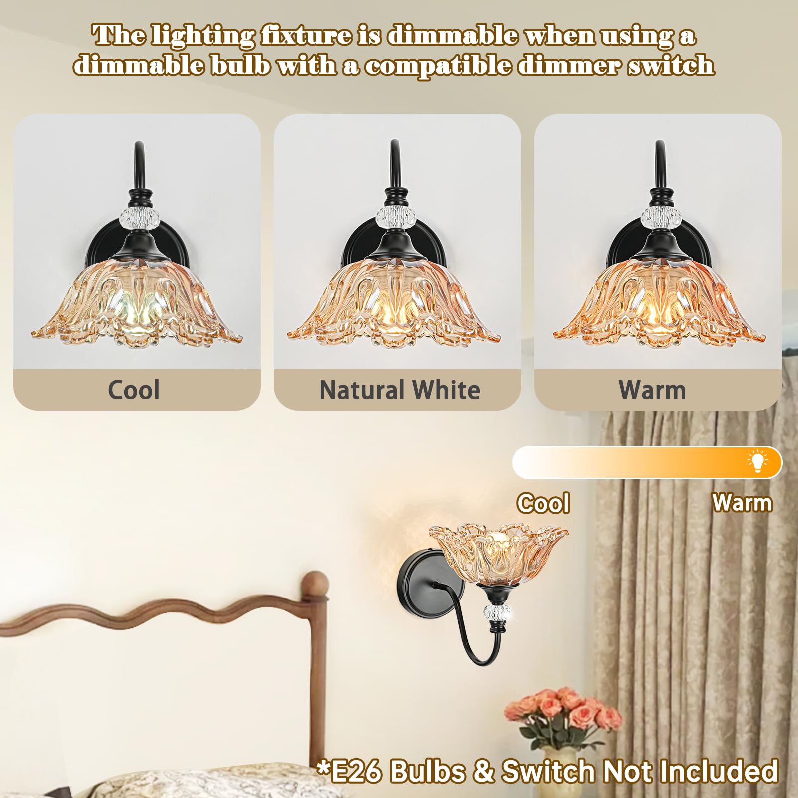 sunkryster Black Wall Sconce - Vintage Bathroom Lighting, 1-Light, Floral Amber Glass Shade, Metal, Model Sun-104AB-1-Black-Amber