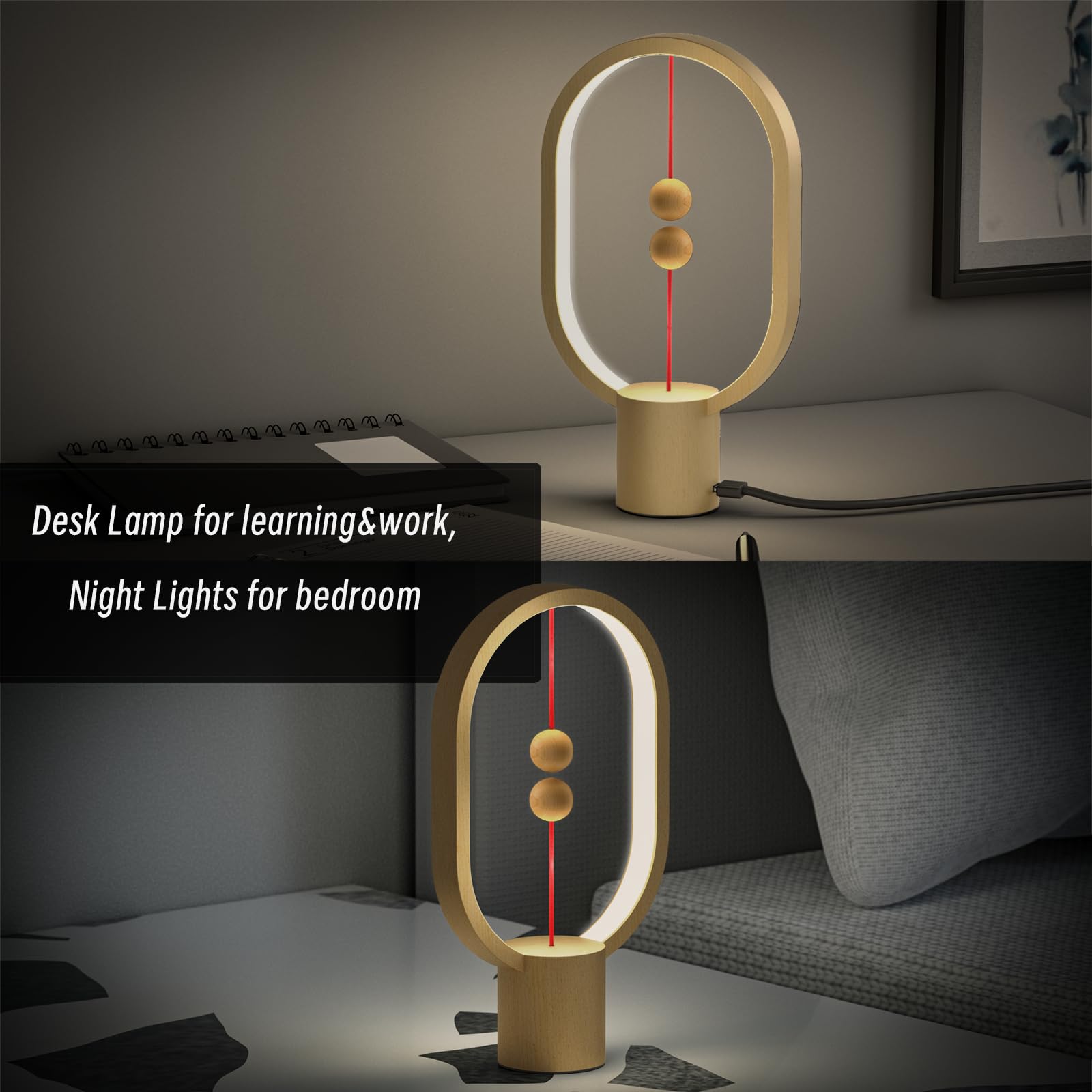 Xhope4u Mini Balance Lamp - Bedside Nightstand Light, 3 Level Brightness, 9.7in  Plug-in, Wood Color, Model HBLPR-03