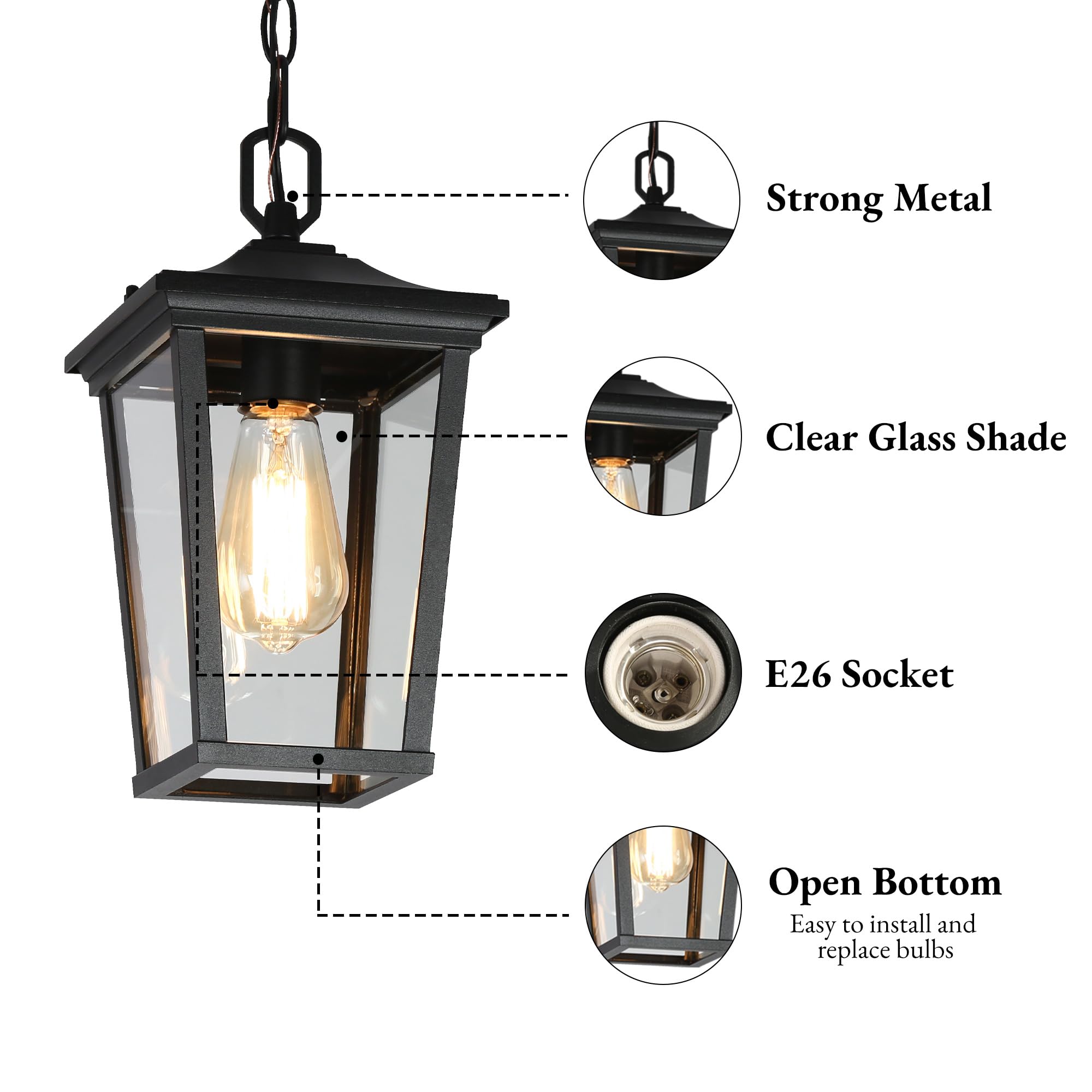 Gepow Outdoor Pendant Light, Black Anti-Rust Hanging Lantern With Adjustable Chain, Clear Glass