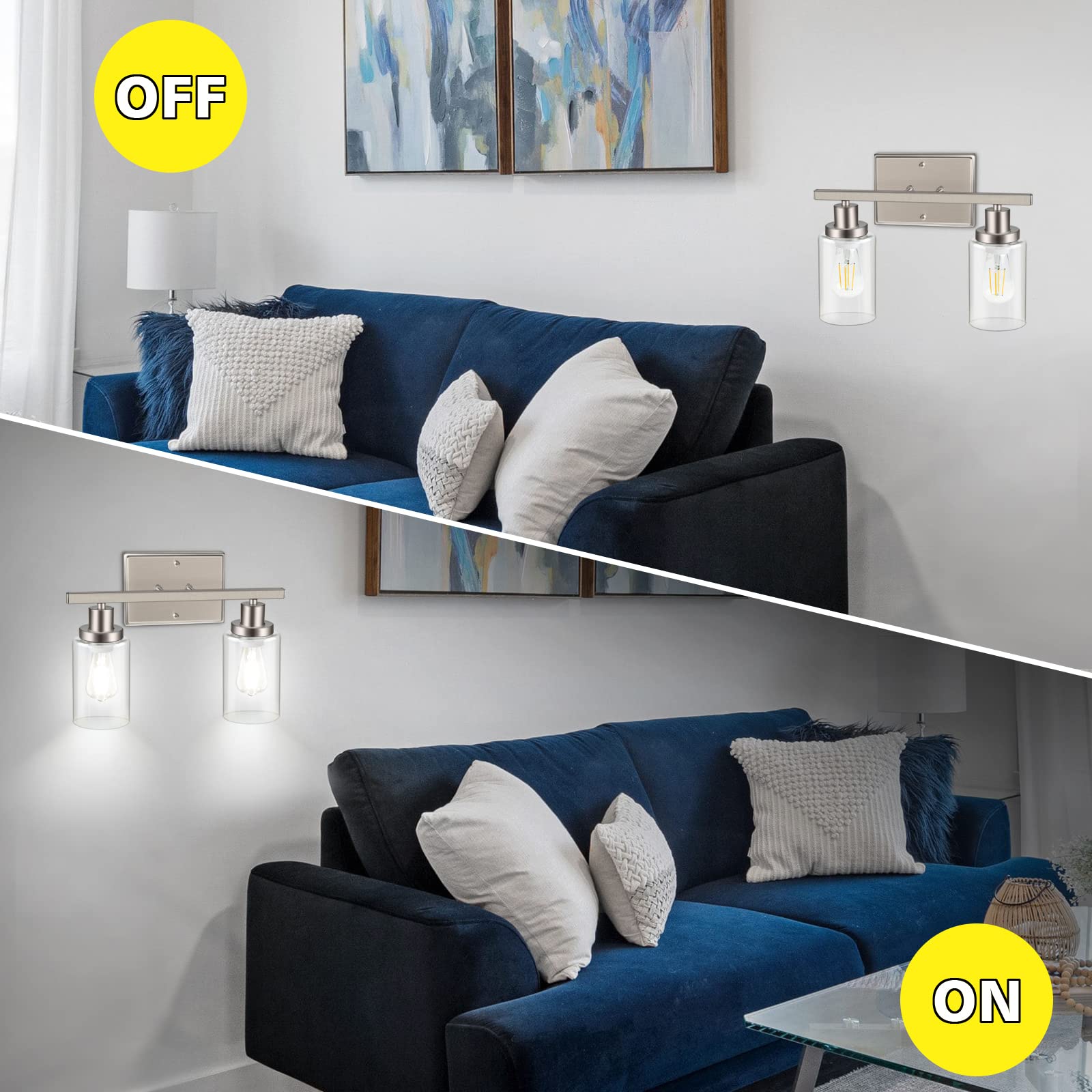 Ascher 2-Light Wall Sconces, Modern Vanity Light Fixture With Clear Glass Shade, Brushed Nickel Wall Light For Mirror Bedroom Ha