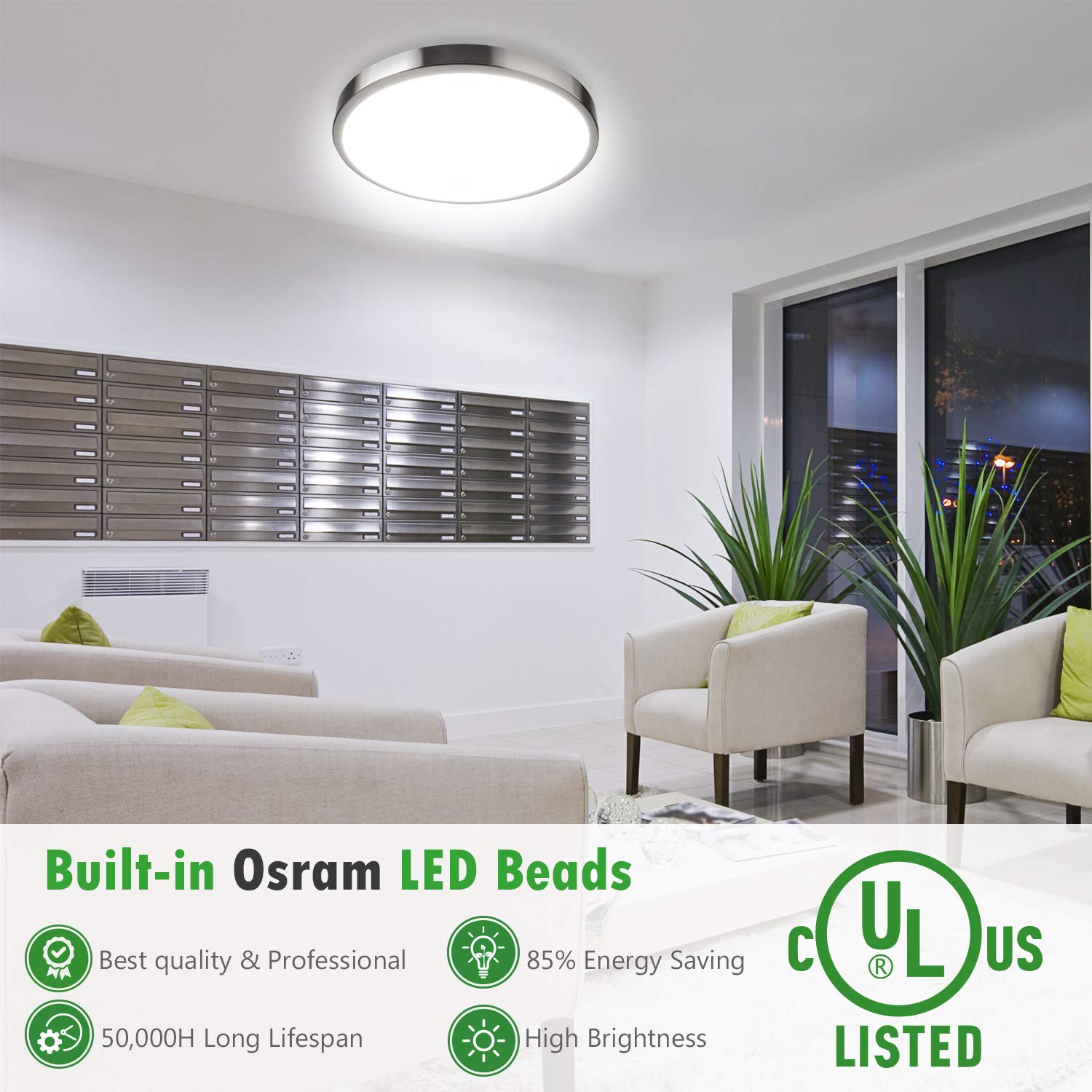 JACKYLED 12-inch LED Ceiling Light Fixture Brushed Nickel 20W 1260lm Ultra Thin Dimmer Compatible, Model WOR-CY12G55-8027-01-BN