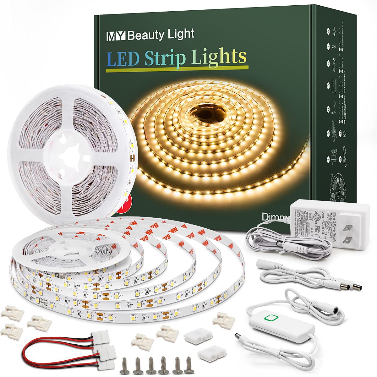 Led Strip Lights 50.5ft Warm White Dimmable Led Light Strip Flexible Rope Lights Kits with 24v Etl Power Supply, Adhesive Clips,