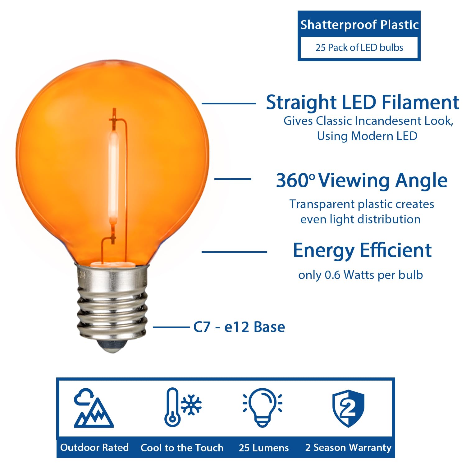 Novelty Lights 25 Pack Orange G40 Led Filament String Light Bulbs  E12/C7 Candelabra Base  5 Watt Equivalent  Shatterproof Replacement Bulbs For Patios  Canopy Lighting