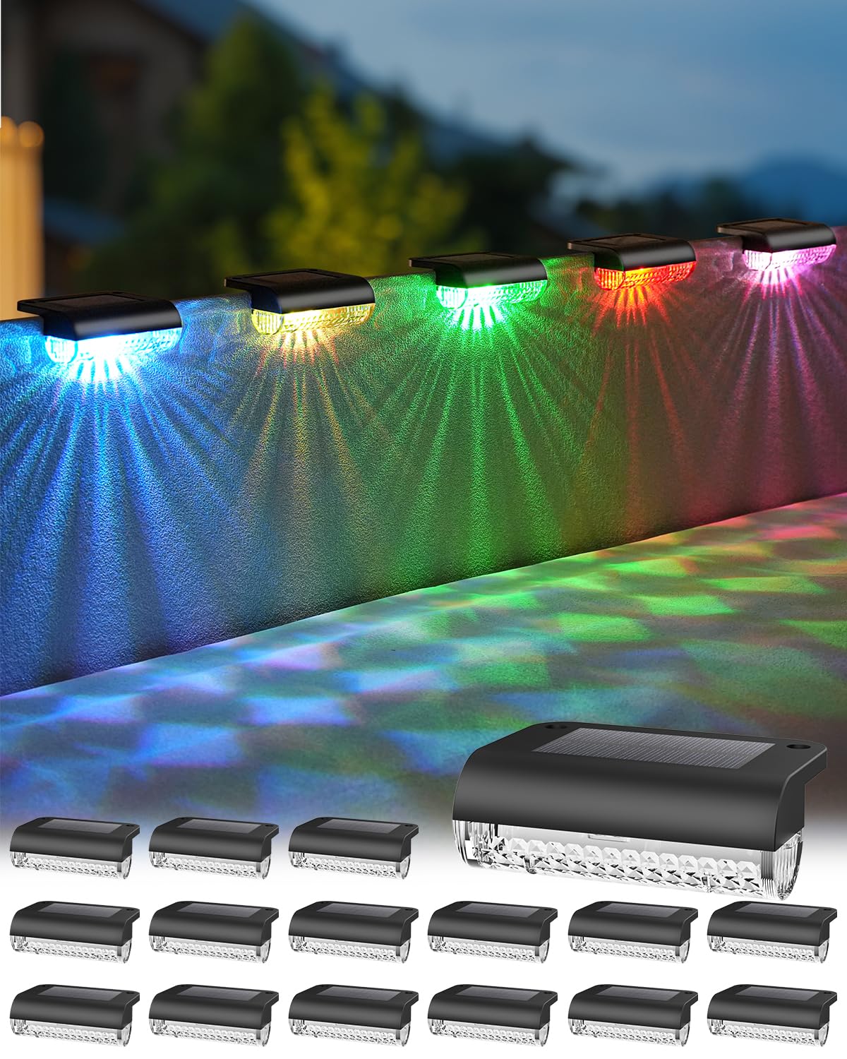Herzila 16 Pack Solar Deck Lights Outdoor, RGB Christmas Solar Fence Lights Outdoor Led Powered Christmas Light Waterproof Color