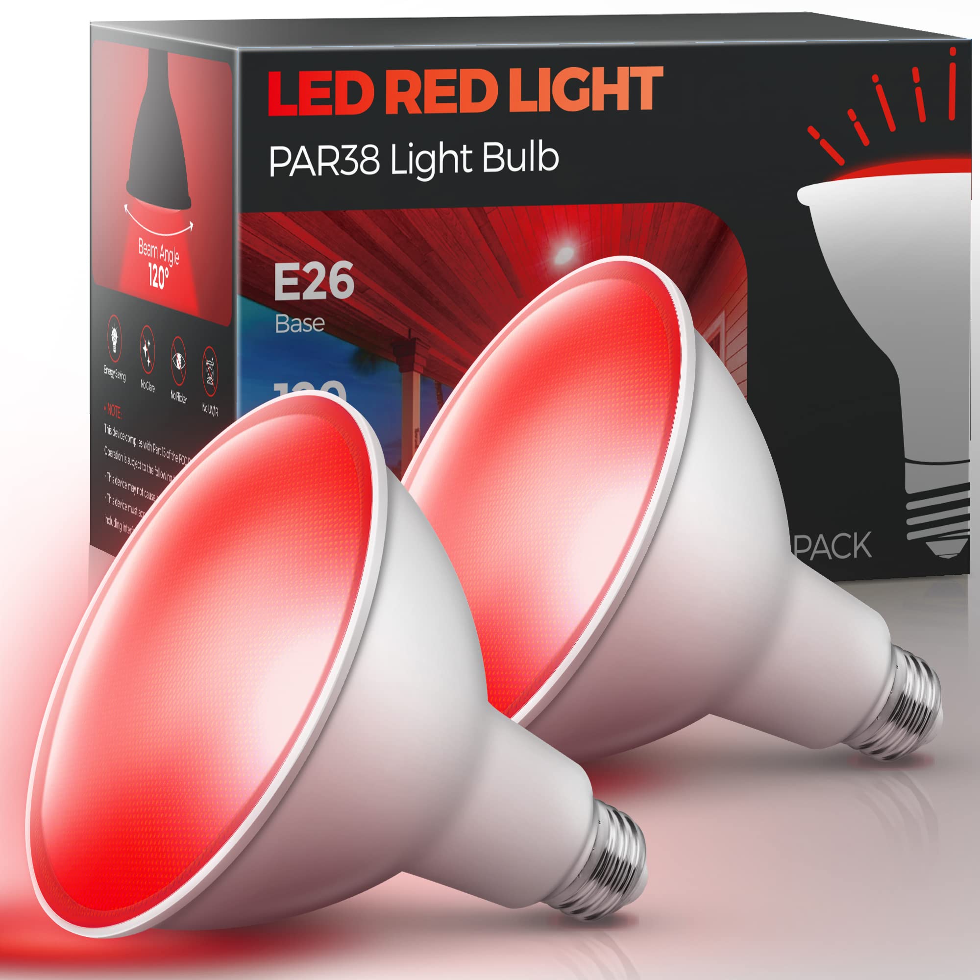 LOHAS PAR38 Red Flood Light Bulbs, Christmas Bright Red LED Flood Light Outdoor 120W Equivalent, Dimmable, 18 Watt Colored Porch Light Bulb, E26 Base for Home Holiday Lighting Party Decoration, 2 Pack