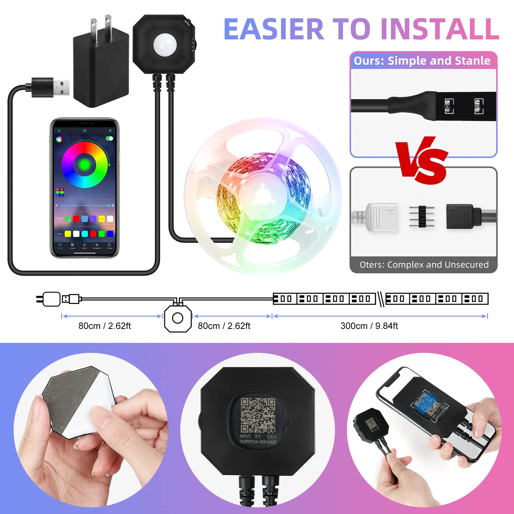 HUEMIHUI Motion Sensor LED Light Strips, 2x9.8ft, RGB, Dimmable, USB, Black, Model 9f9c8e81-30d