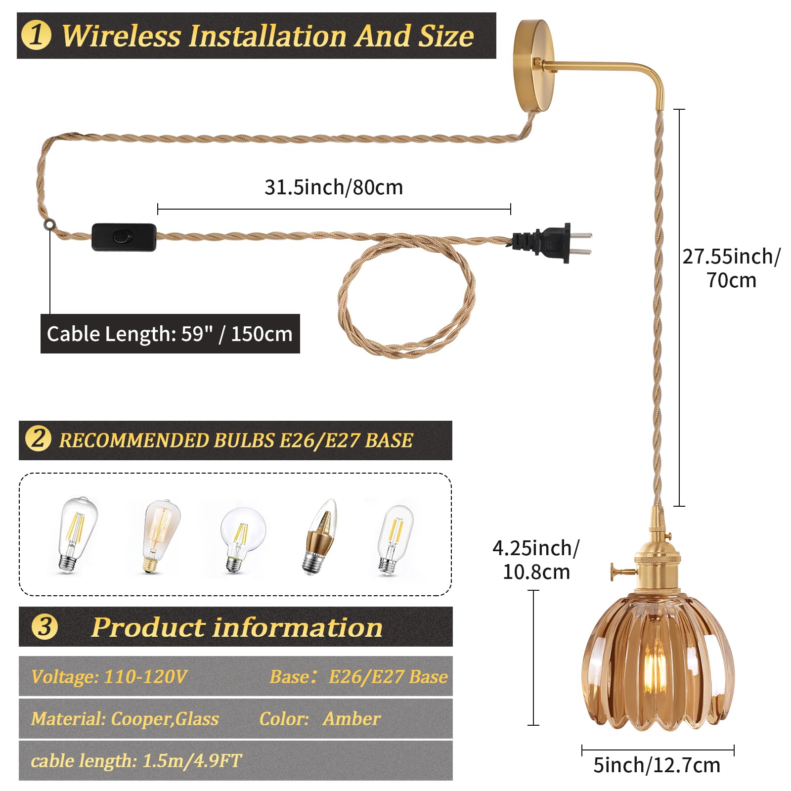 Shenmoyl Vintage Wall Sconce Lamp, Amber Tulip Glass Shade, Plug in, Brass, Model 1-9390, 4.9FT Cord