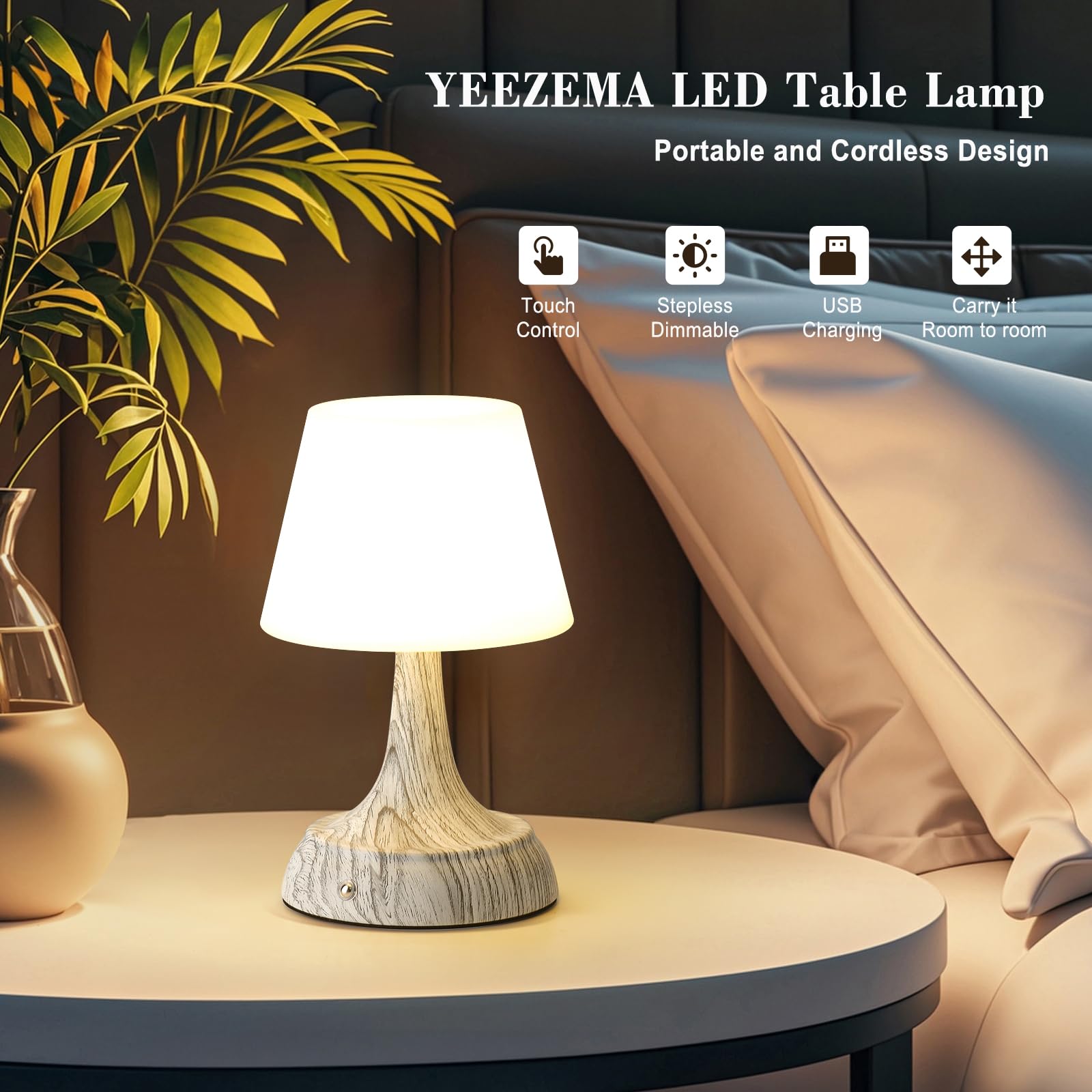 YEEZEMA Cordless Modern Table Lamp, Portable Rechargeable Battery Operated Waterproof Shower Lamp Ambient Light with Touch Dimma