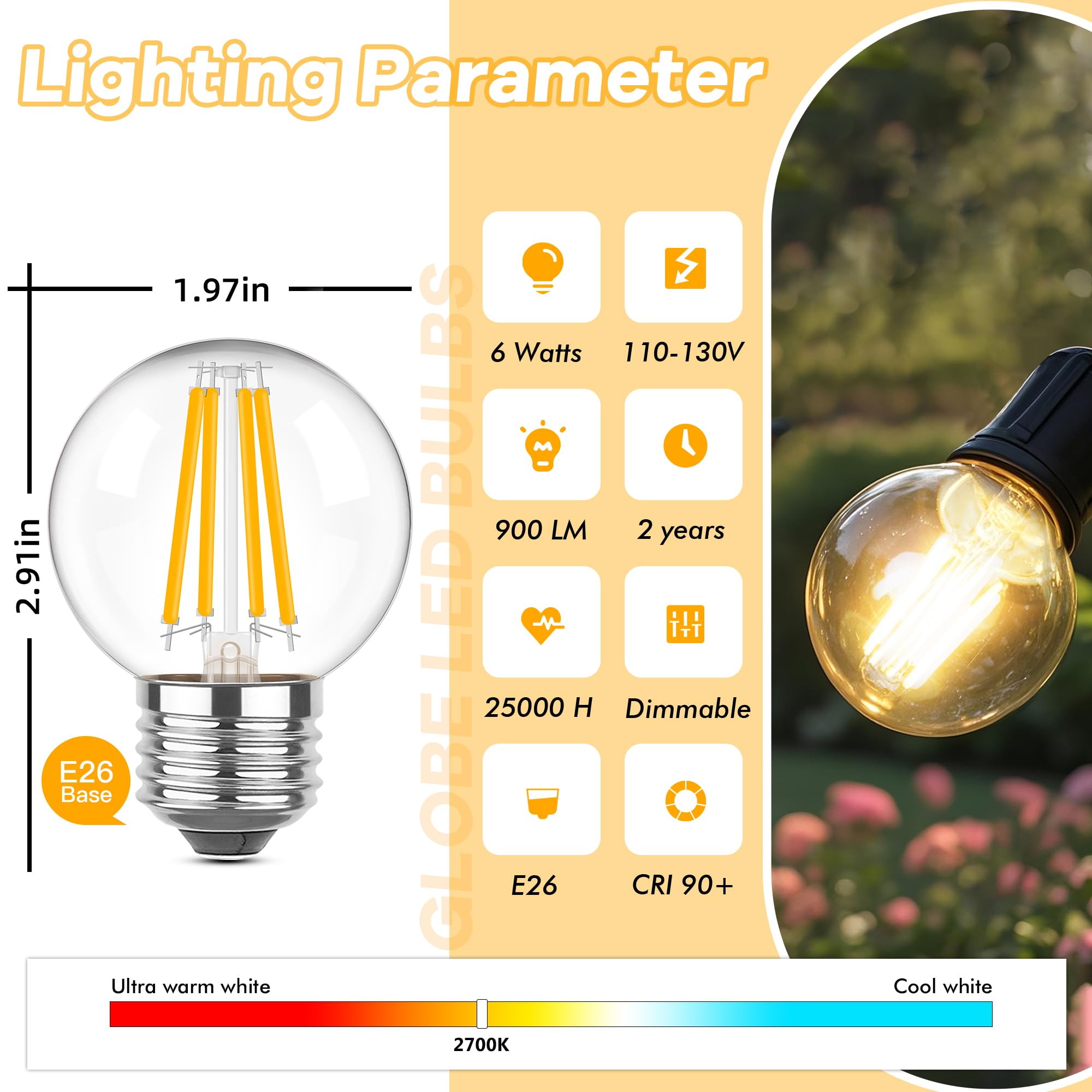 Grensk Dimmable E26 6 Watt Led Light Bulbs, G16.5 Small Globe Light Bulb, Equivalent 60 Watt,2700K Warm White Filament Vintage L