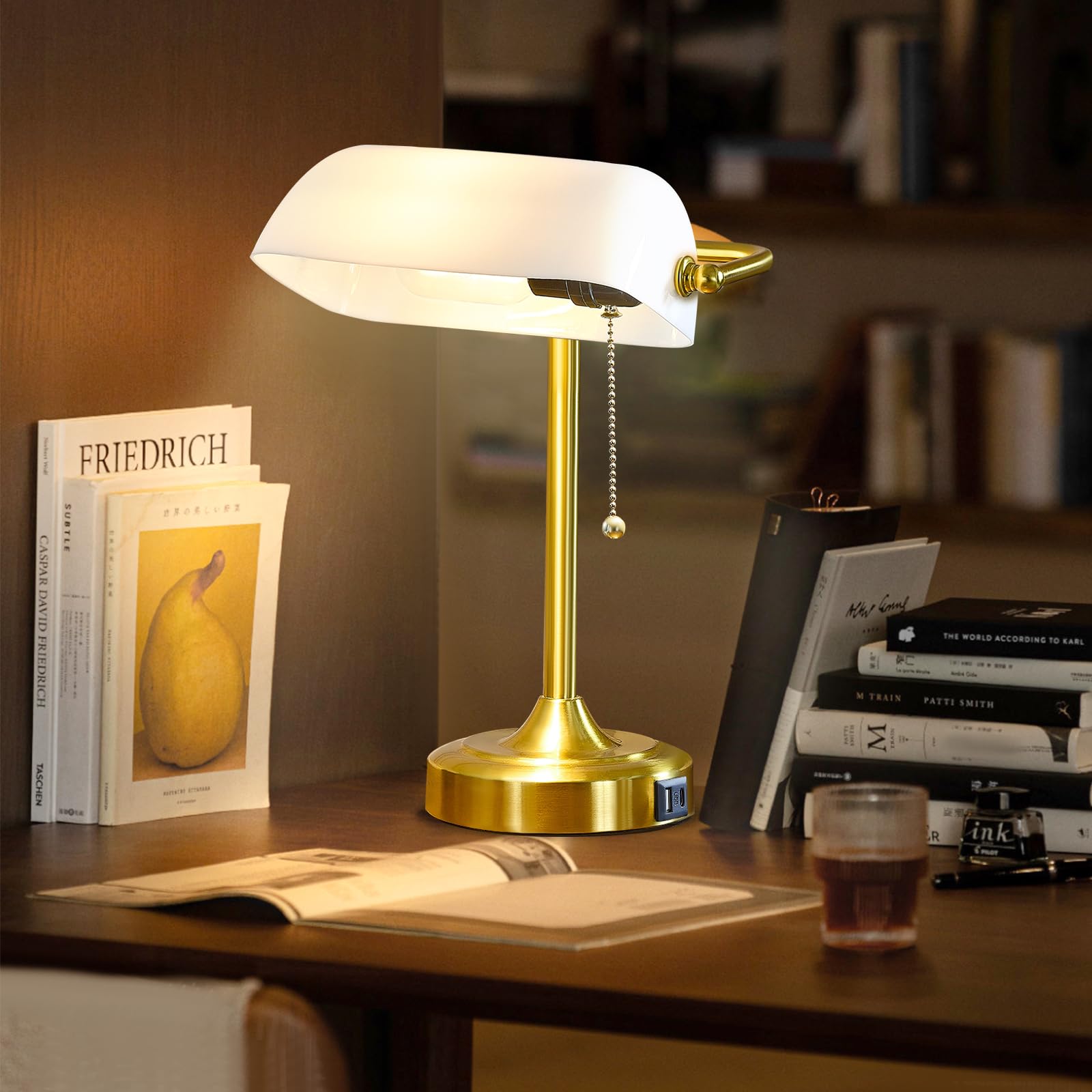 Vintage Desk Lamp Bankers Lamp - Retro Table Lamp With Usb & Type C Charging Ports Traditional Pull Chain Switch Library Lamp Fo