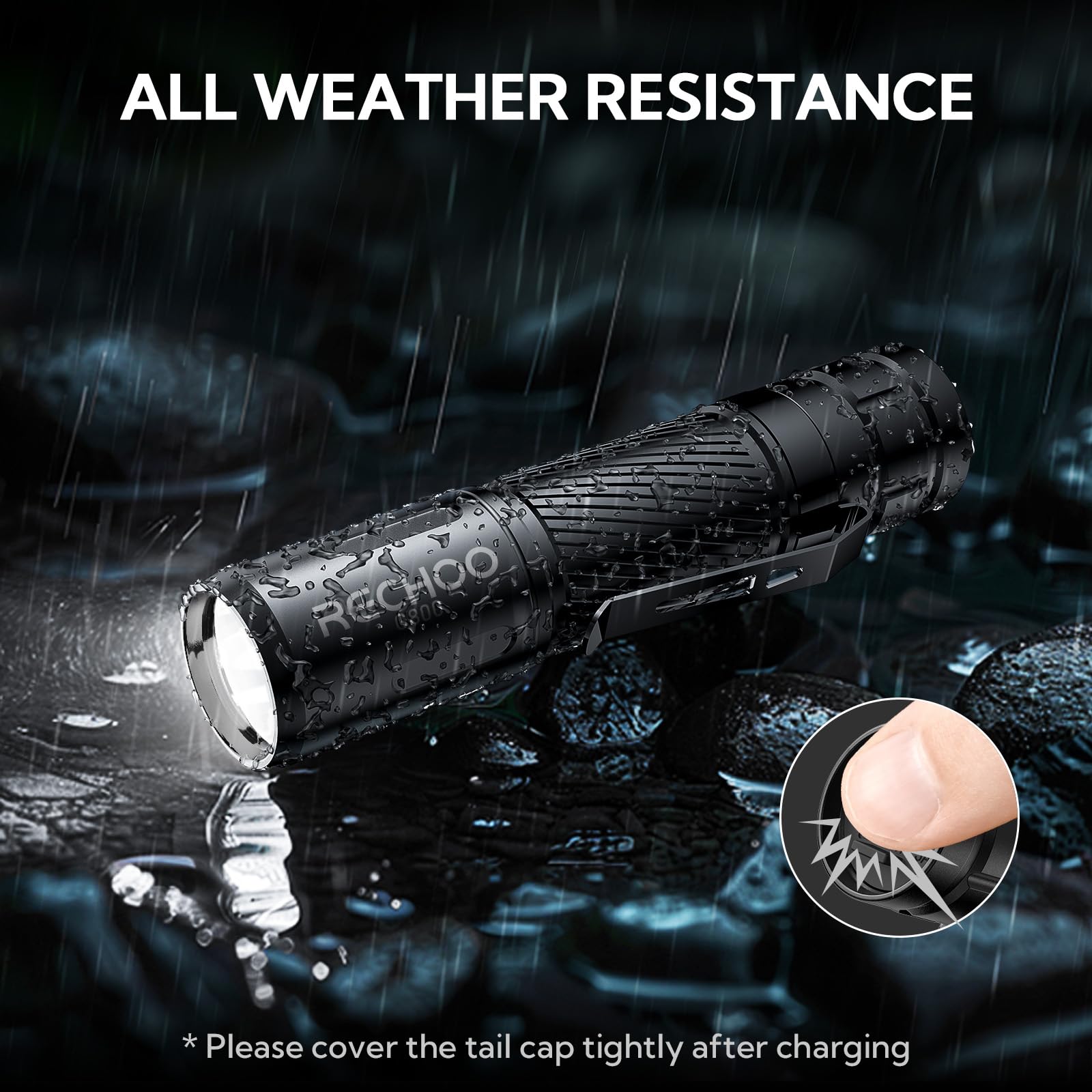 RECHOO Rechargeable Flashlight 500 Lumens, 3 Modes, Black, 2 Pack, Aluminum, Model G800-2P, Water Resistant, Tactical Torch Light