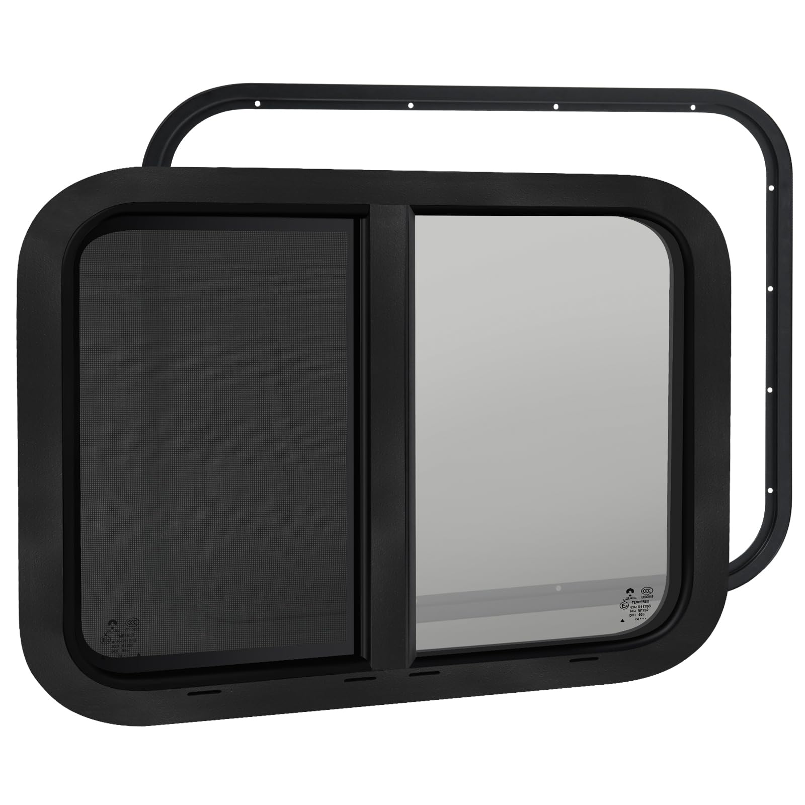 NOVINO RV Window - Horizontal Sliding Replacement for Trailer Camper, 30inW x 20inH, Black, Model NRW-005, with Screen & Trim Ring