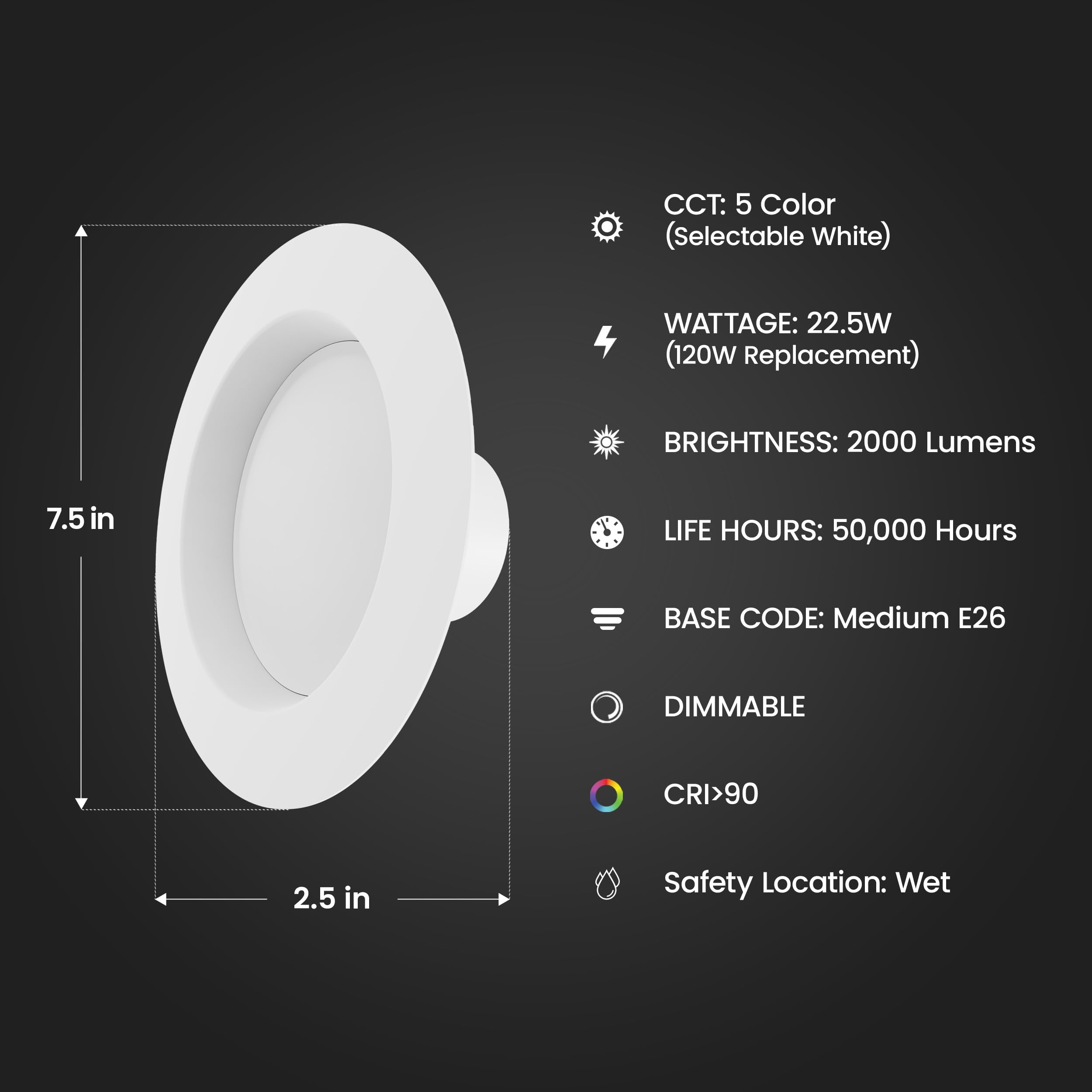 Feit Electric 5/6 Inch Led Recessed Downlight, 22.5W (120W Eqv), Dimmable, Adjustable White 2700K-5000K, Retrofit Kit, E26 Adapt