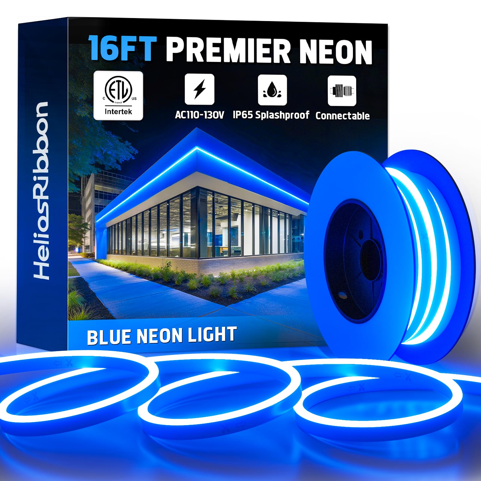 16FT Blue LED Neon Rope Lights  ETL Listed 110-120V Outdoor Flexible Neon Band IP65 Waterproof  Connectable and Cuttable  for Bar Pub Game Room Home Commercial Festival Ambient Lighting Decor