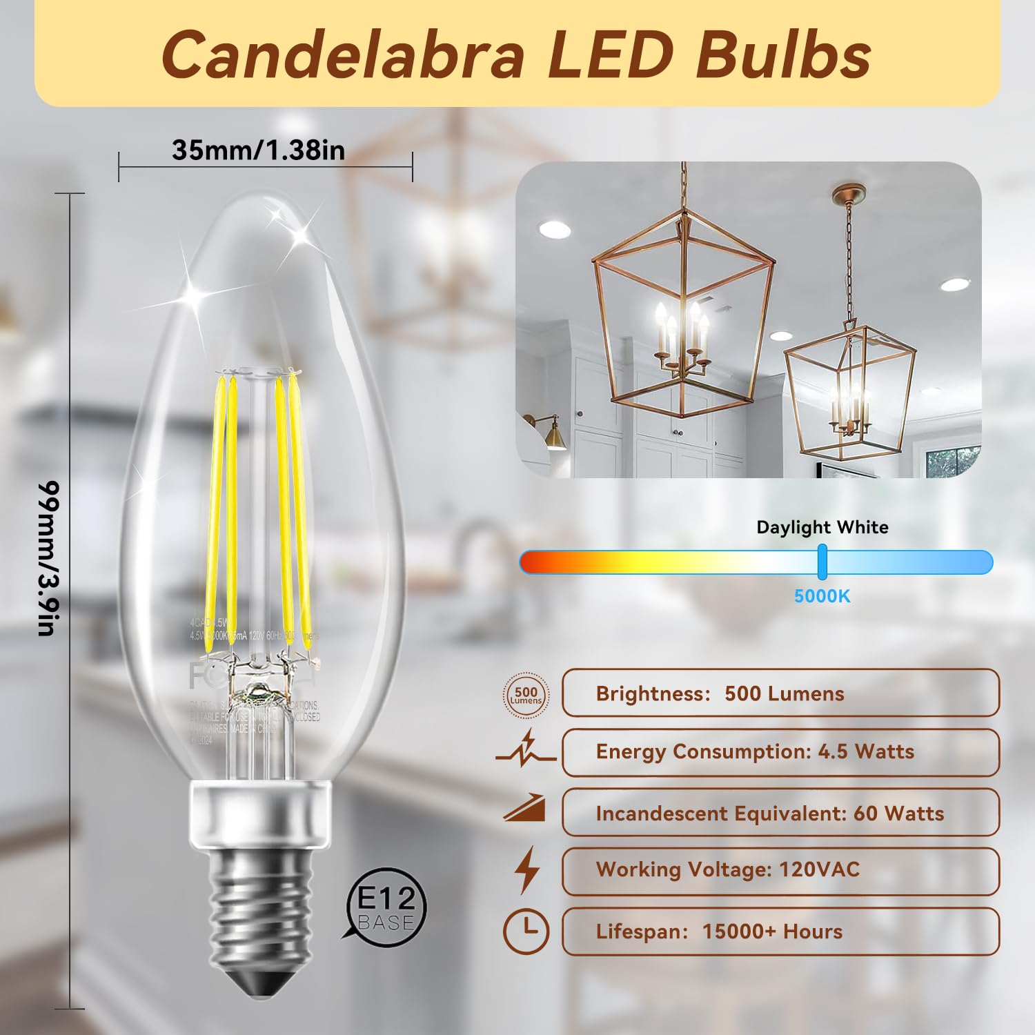 Tjoy Led Candelabra Bulbs Dimmable, 60W Equivalent Chandelier Light Bulbs, E12 Small Base, 4.5W 5000K Daylight, 500Lm, B11 Vinta