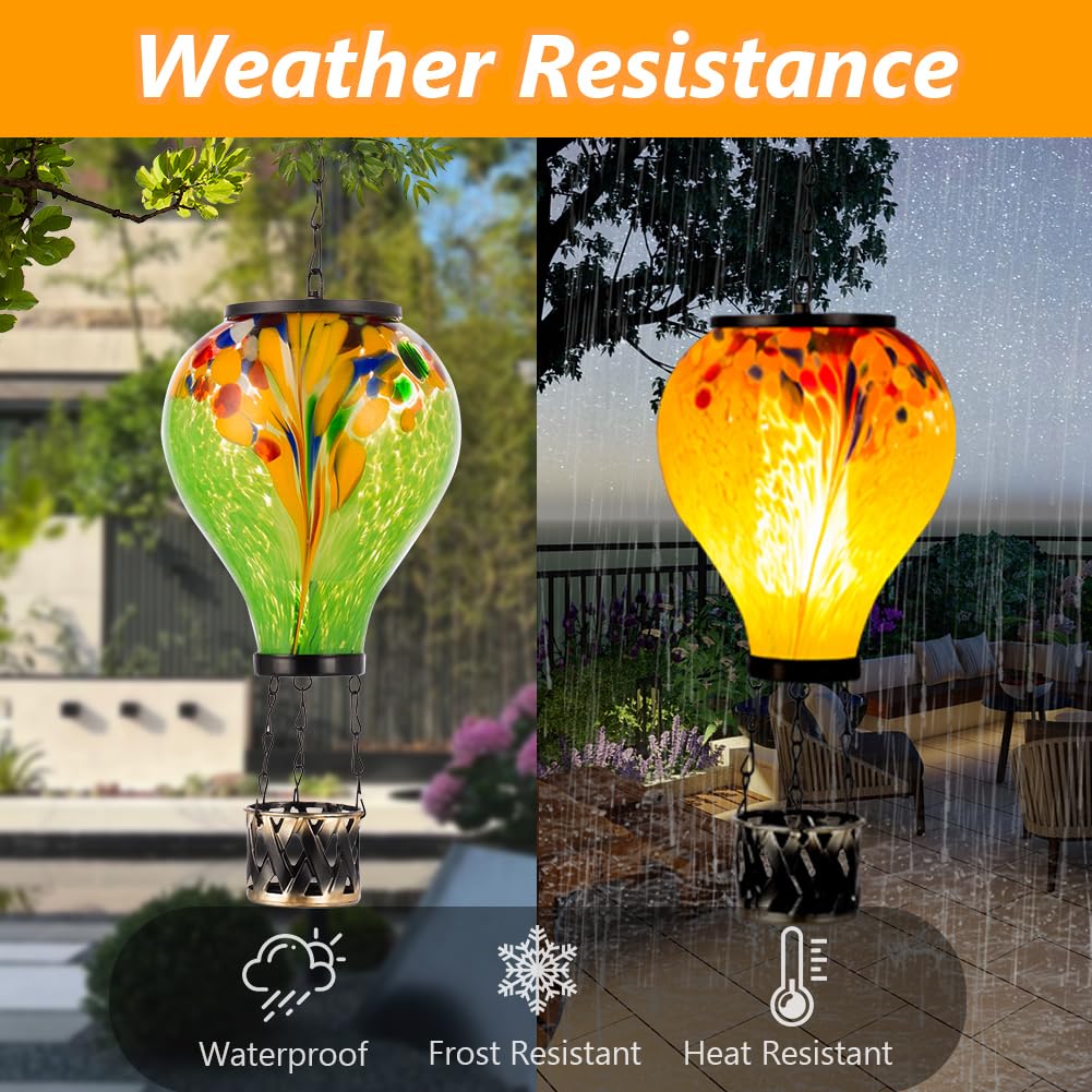 Starsoul Hot Air Balloon Solar Lantern Tie-Dye Style Glass Outdoor Solar Hot Air Balloon Lantern With Flame Light Waterproof Han