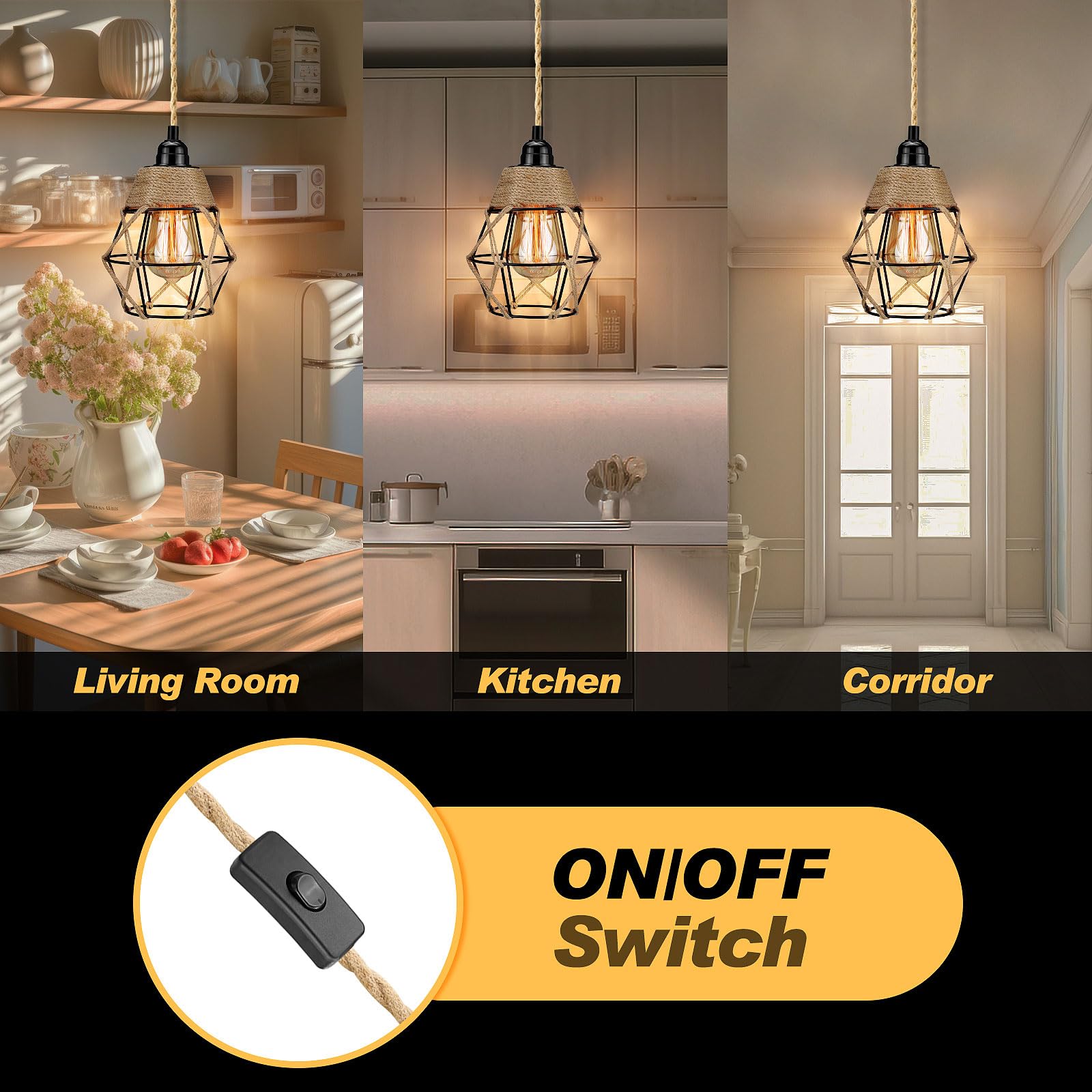 Soodmi Plug In Pendant Light, Industrial Hanging Light With Plug In Cord Hemp Rope On/Off Switch Farmhouse Pendant Light With Plug In Cord, Vintage Pendant Light Fixture, Hanging Lamps For Dining Room