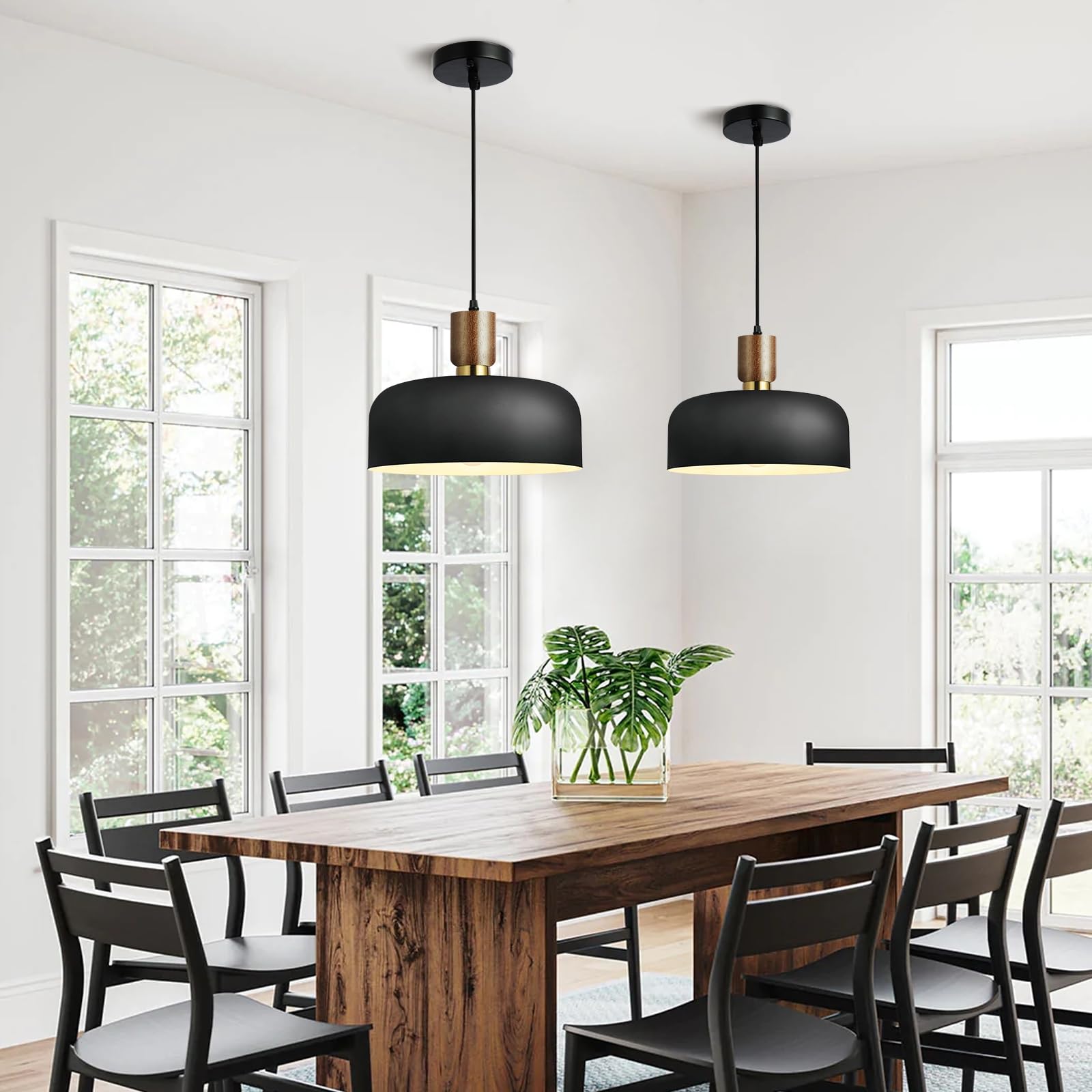 11.6'' Modern Black Hanging Light,Large Pendant Light For Kitchen Island,Solid Wood With Hammered Shade,Adjustable Retro Dome In