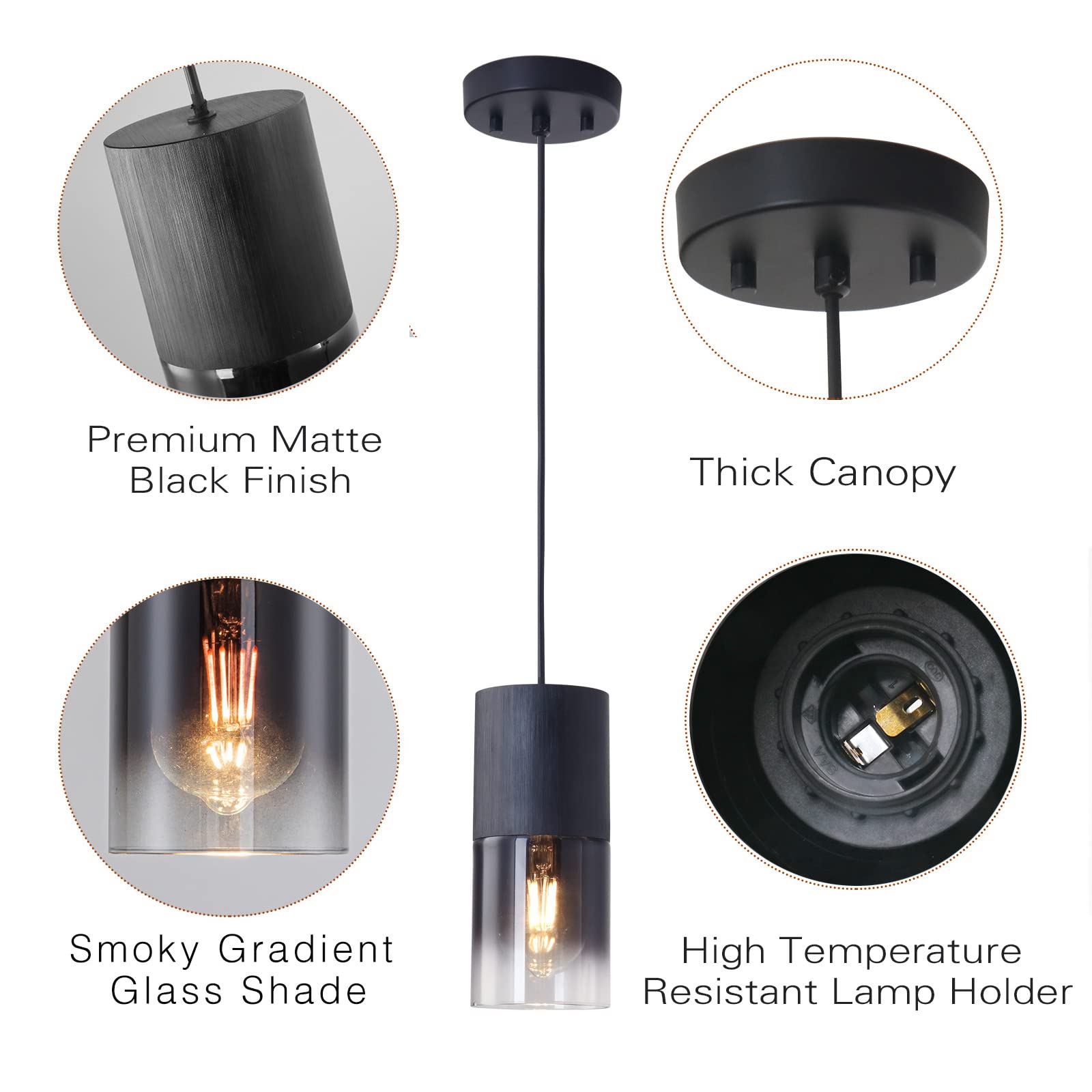 LINSEEDS Black Pendant Light Fixtures, 3-Pack Adjustable Glass Lights for Kitchen Island, Model RD-5510-BK-3P