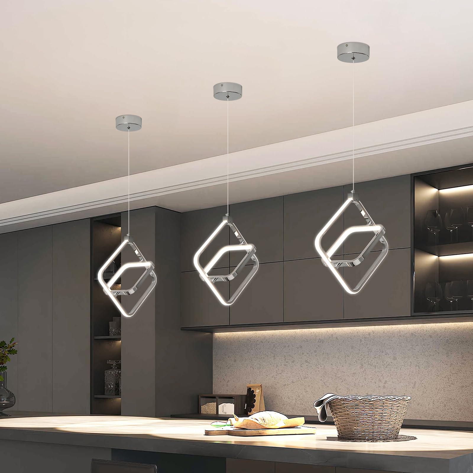 BNHHLZ Modern LED Chandelier, Chrome Rectangular Pendant Light, 4000K 20W, Dimmable, Height Adjustable, 3-Pack