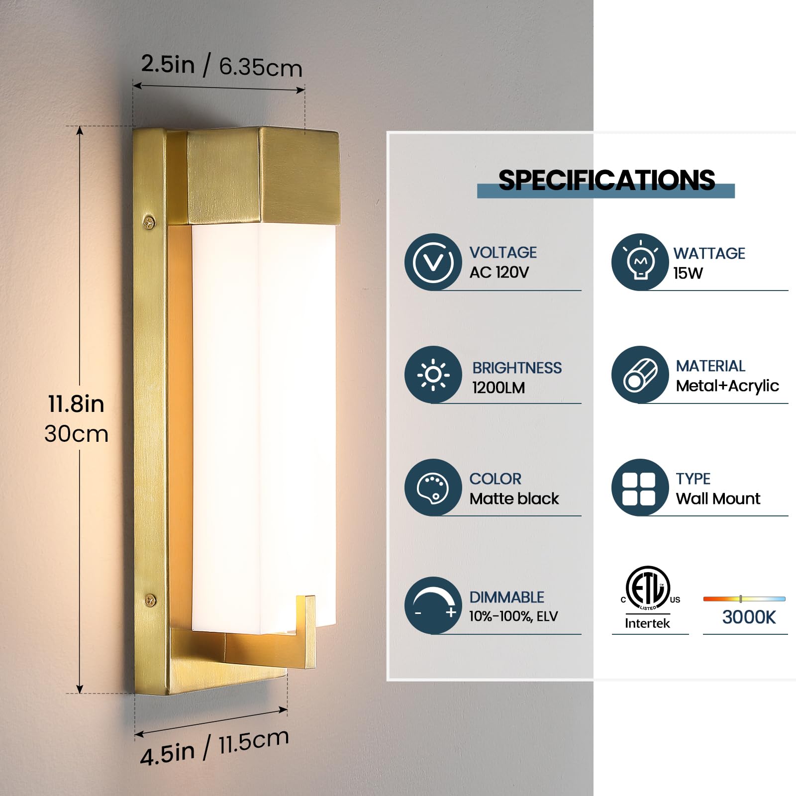 Woshitu Gold Wall Sconce Light - Modern Dimmable Wall Sconces Set Of Two Led 3000K 15W Bathroom Vanity Light With Acrylic Shade Indoor Hardwired Sconce Lighting For Bedroom/Living Room/Hallway/Stairs
