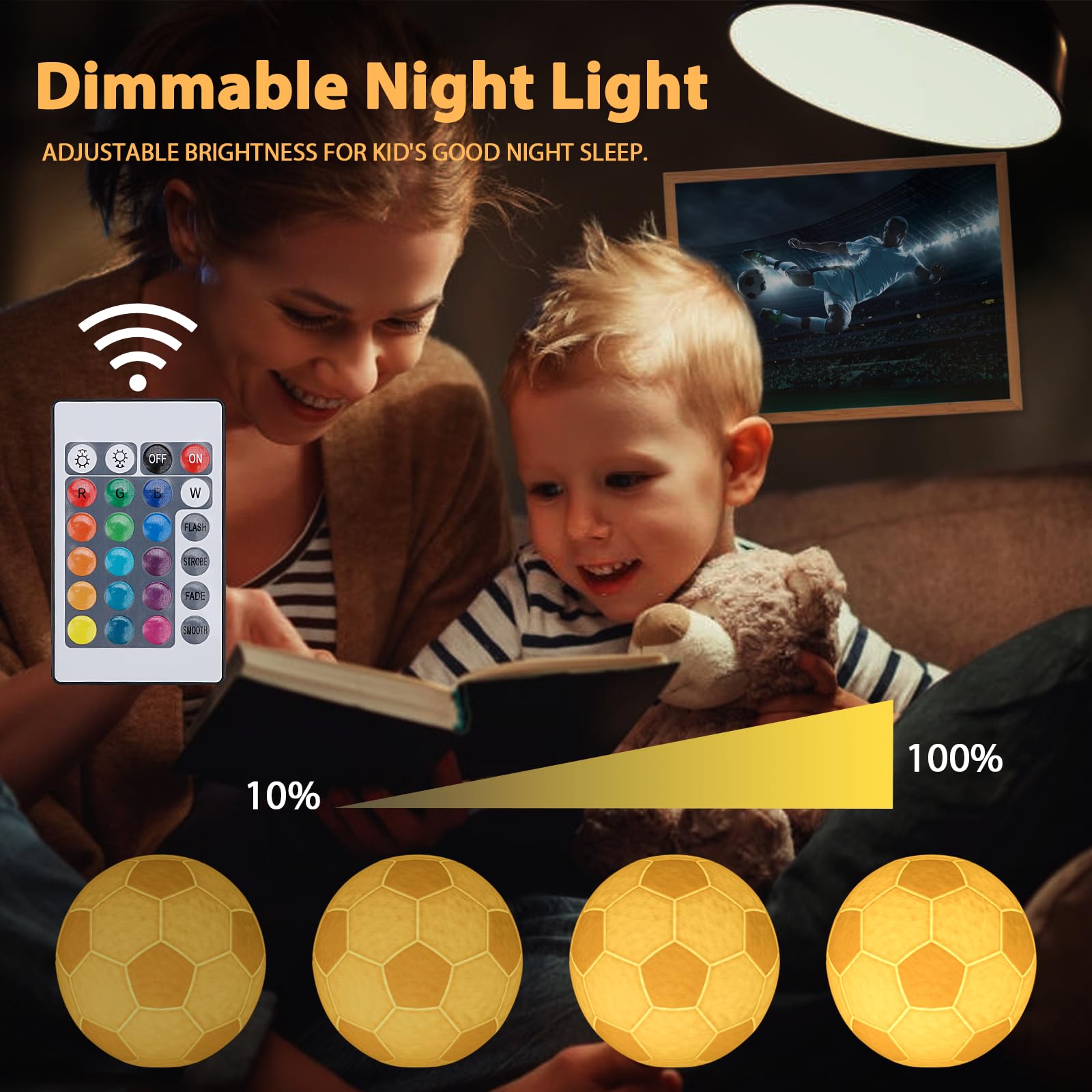 Balkwan Soccer Night Light, 16 Colors Dimmable Moon Lamp For Kids, 4.7In Remote Control Decor