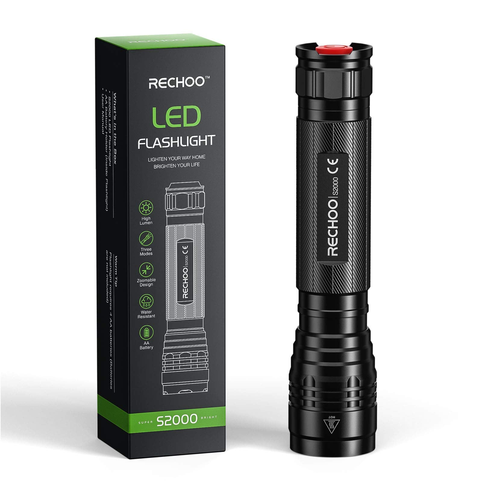 RECHOO S2000 High-Powered LED Flashlight - 2000 Lumens, 3 Modes, Zoomable, Water Resistant, Black, Ideal for Camping & Emergency Use