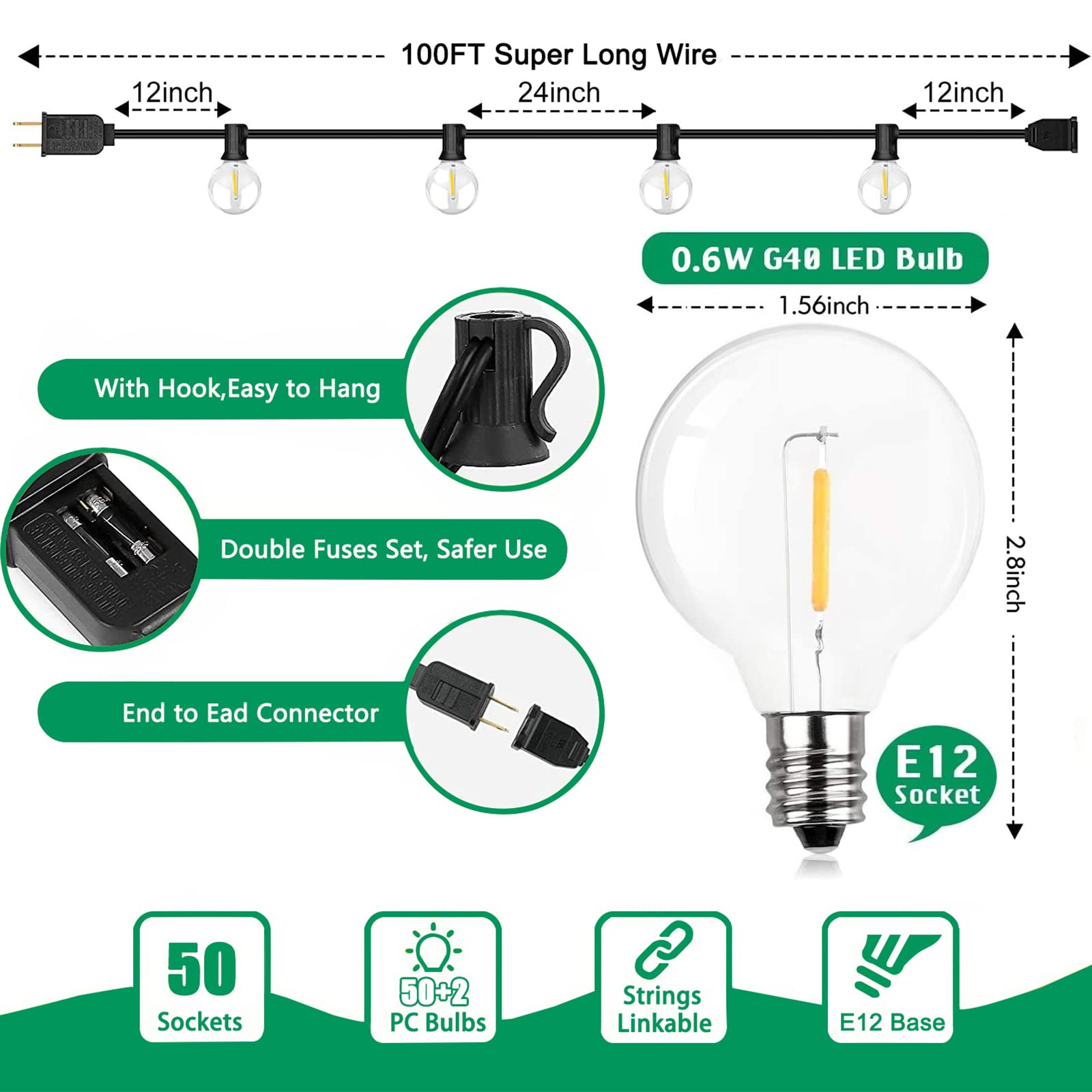 SUNSGNE LED Outdoor String Lights G40 Globe 100Ft Waterproof Shatterproof 52 Dimmable Bulbs Black
