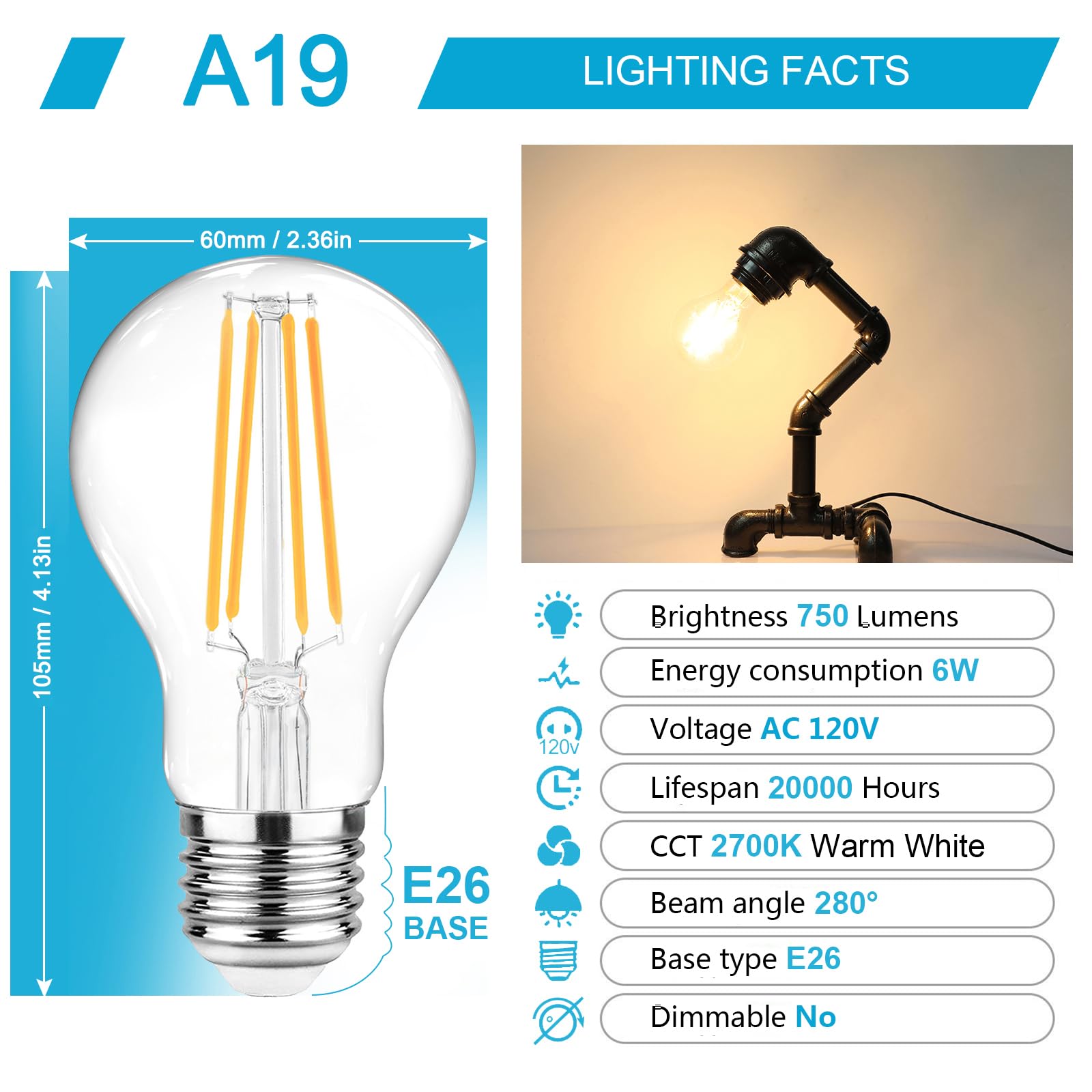 Ascher LED Filament Light Bulbs, 60W Equivalent, Warm White 2700K, Glass, 6-Pack