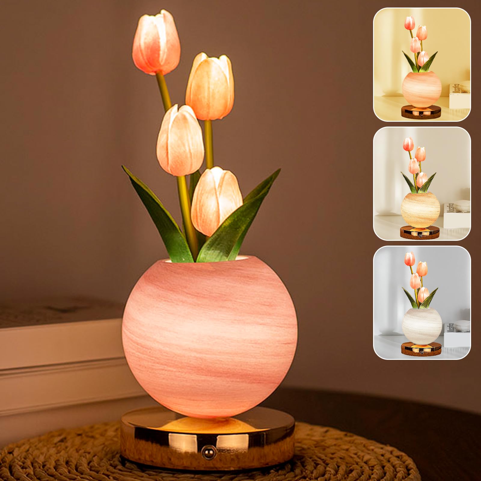 Strackvial Tulip Table Lamp, Rechargeable Cordless Touch Dimming Artificial Tulip Flower Desk Lamp, LED Flower Bedside Night Lig