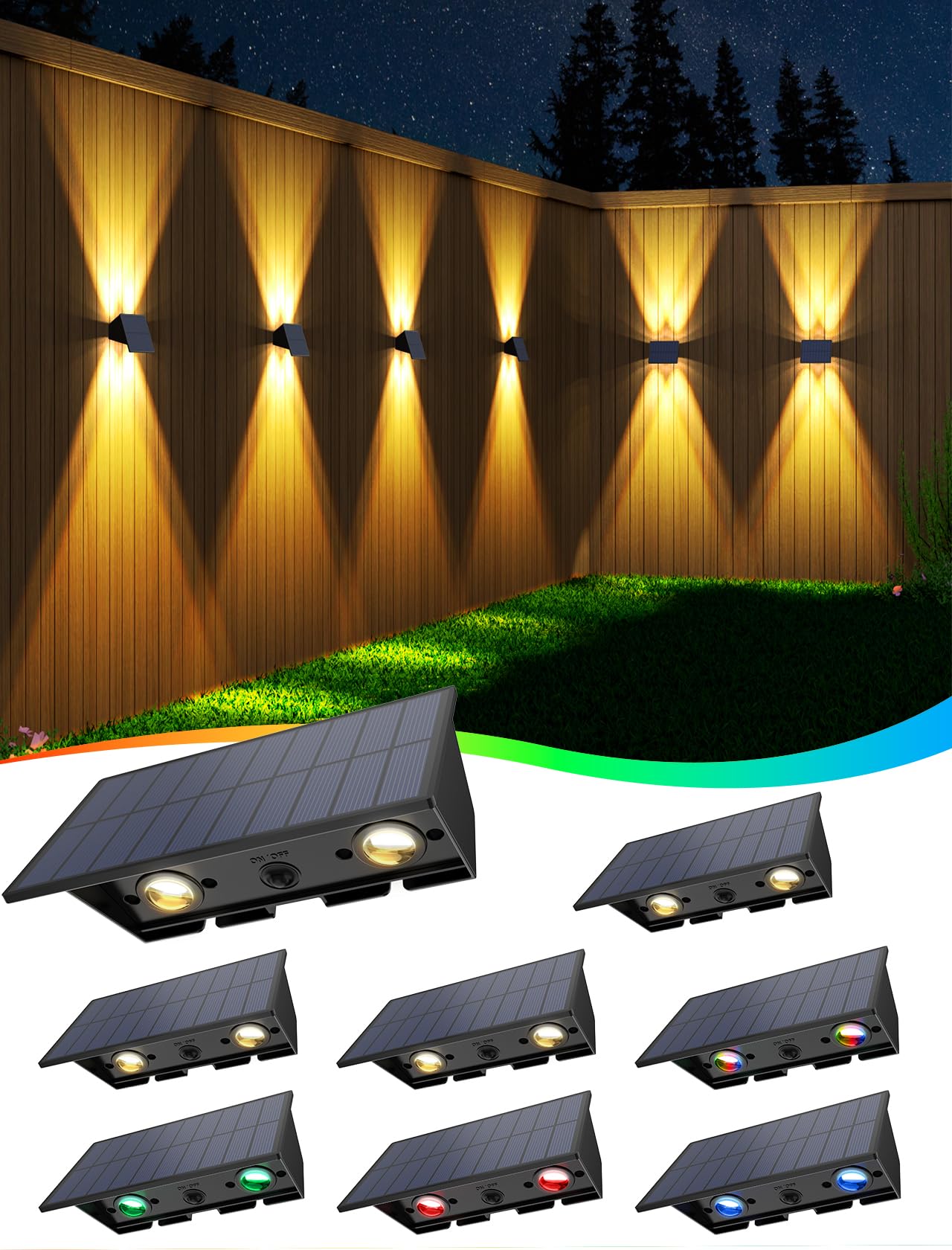 Solar Fence Lights,8Pack Solar Lights Outdoor Warm White + RGB Up & Down Solar Wall Lights Waterproof 100 Lumens Dusk to Dawn So