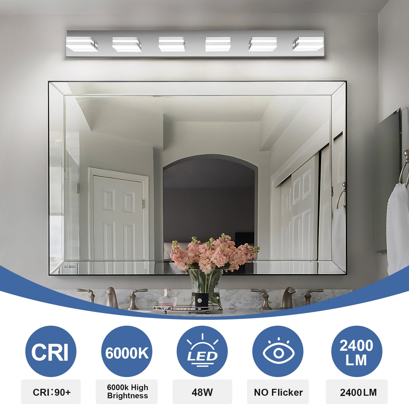 JZEKVN Modern LED Bathroom Light Fixture, 6-Light, 41.73in Chrome Acrylic Vanity Lighting, Model 202541008