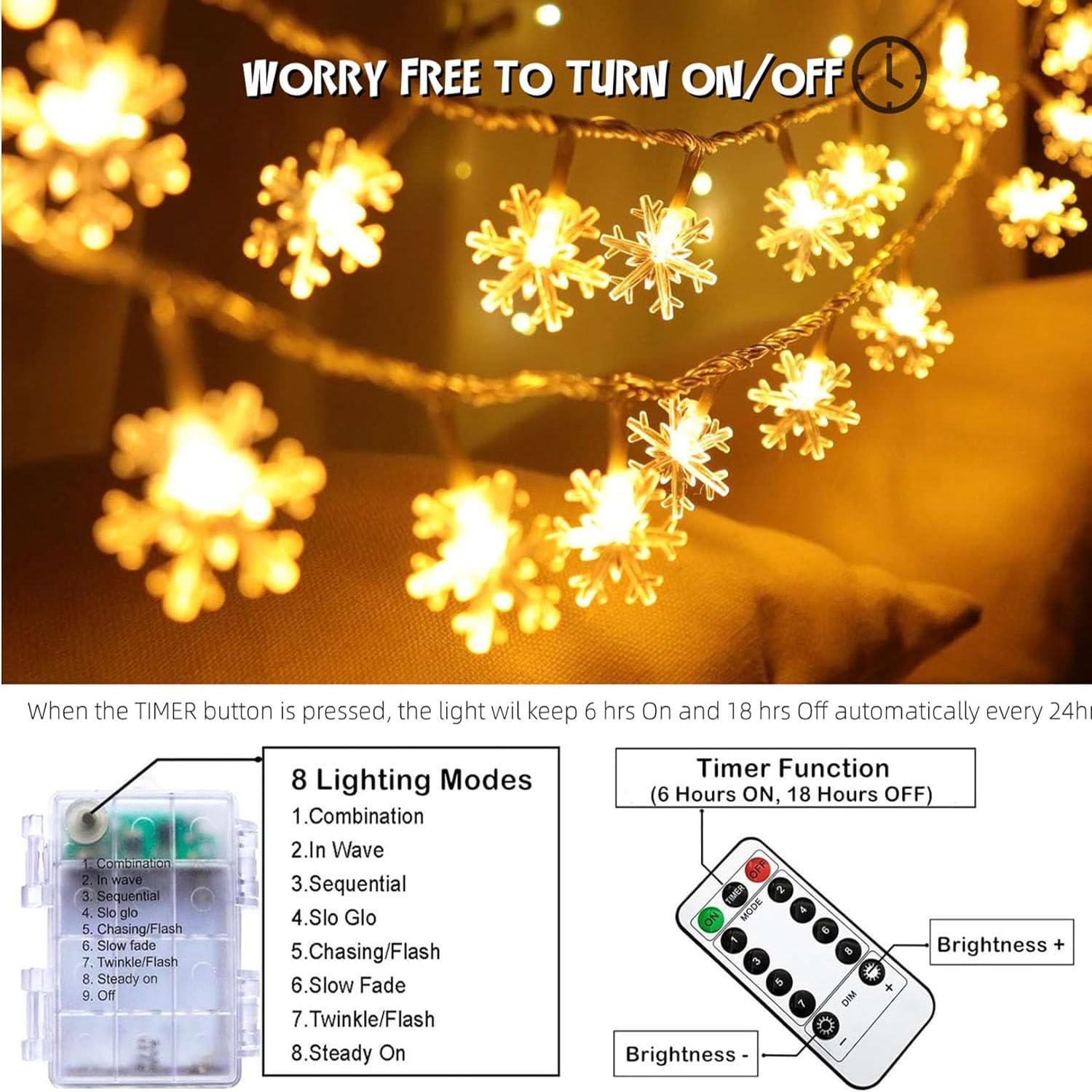 Colcutee Christmas Snowflake Lights, 20Ft 40Led 8 Modes & Timer Battery Operated Christmas Decorations Lights With Remote Control, Fairy Lights For Indoor Outdoor Holiday Party Decorations
