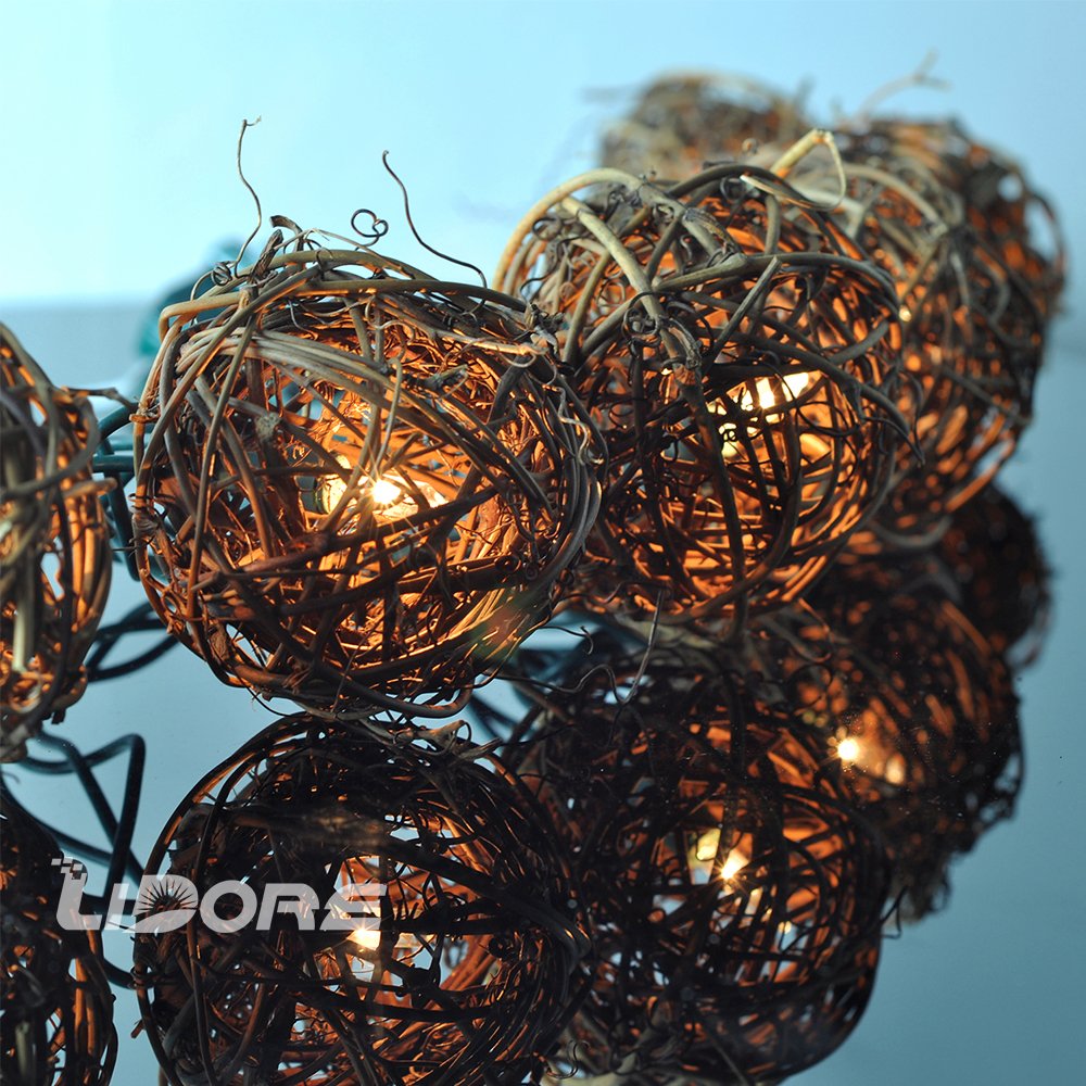 LIDORE Rattan String Lights, 10 Mini Globe Balls, 7.92ft Green Cord, Indoor Outdoor Use, Brown Rattan, Model LD-TAOKE-10L