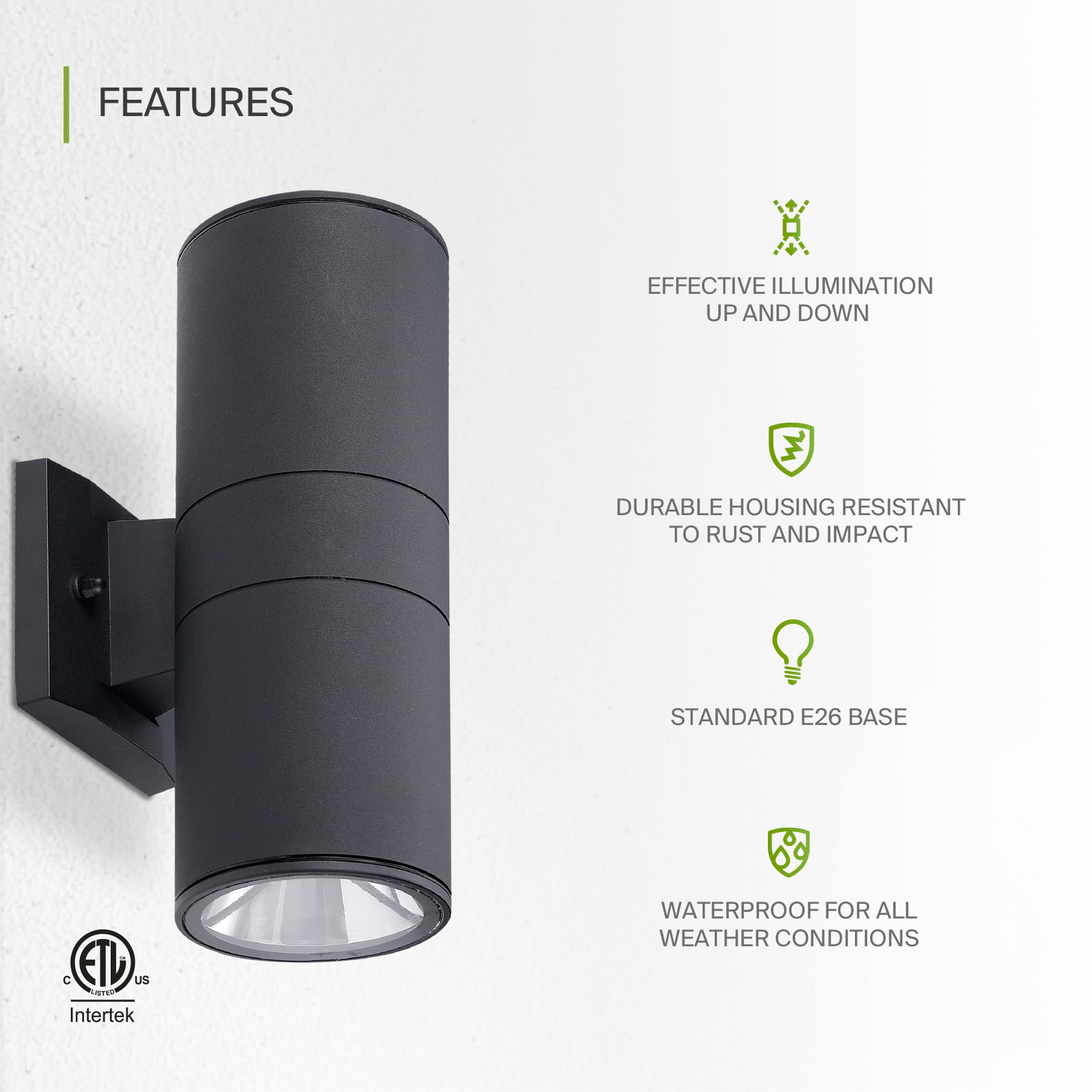 ASD 2 Light Outdoor Wall Light Fixture - Up & Down, Black, Durable Aluminum, ETL Certified, 120W E26 Socket, 2 Pack